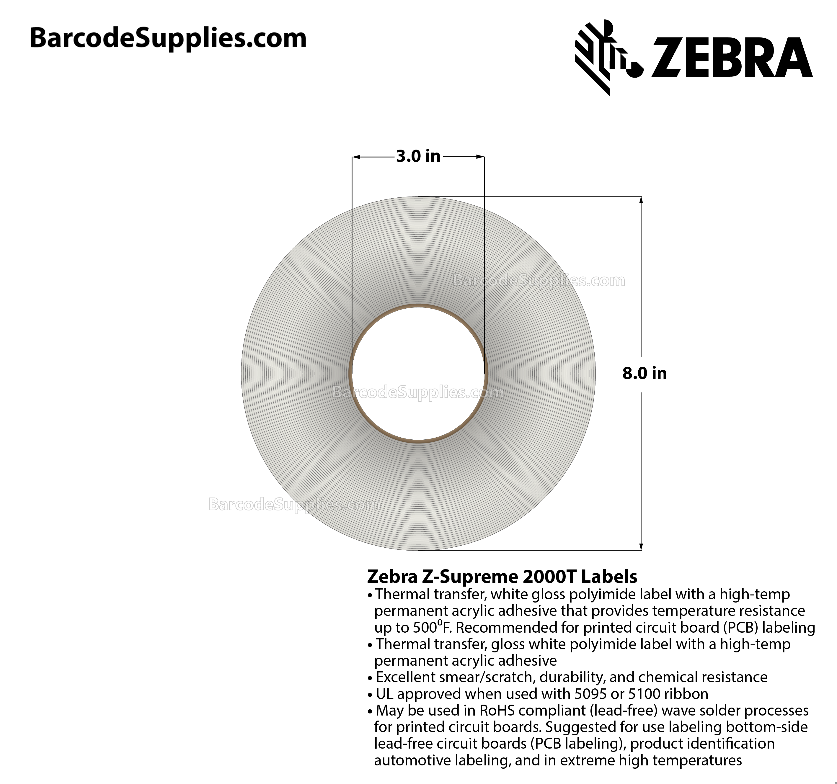 0.75 x 0.25 Thermal Transfer White Z-Supreme 2000T White Labels With High-temp Adhesive - Perforated - 10000 Labels Per Roll - Carton Of 1 Rolls - 10000 Labels Total - MPN: 10015764