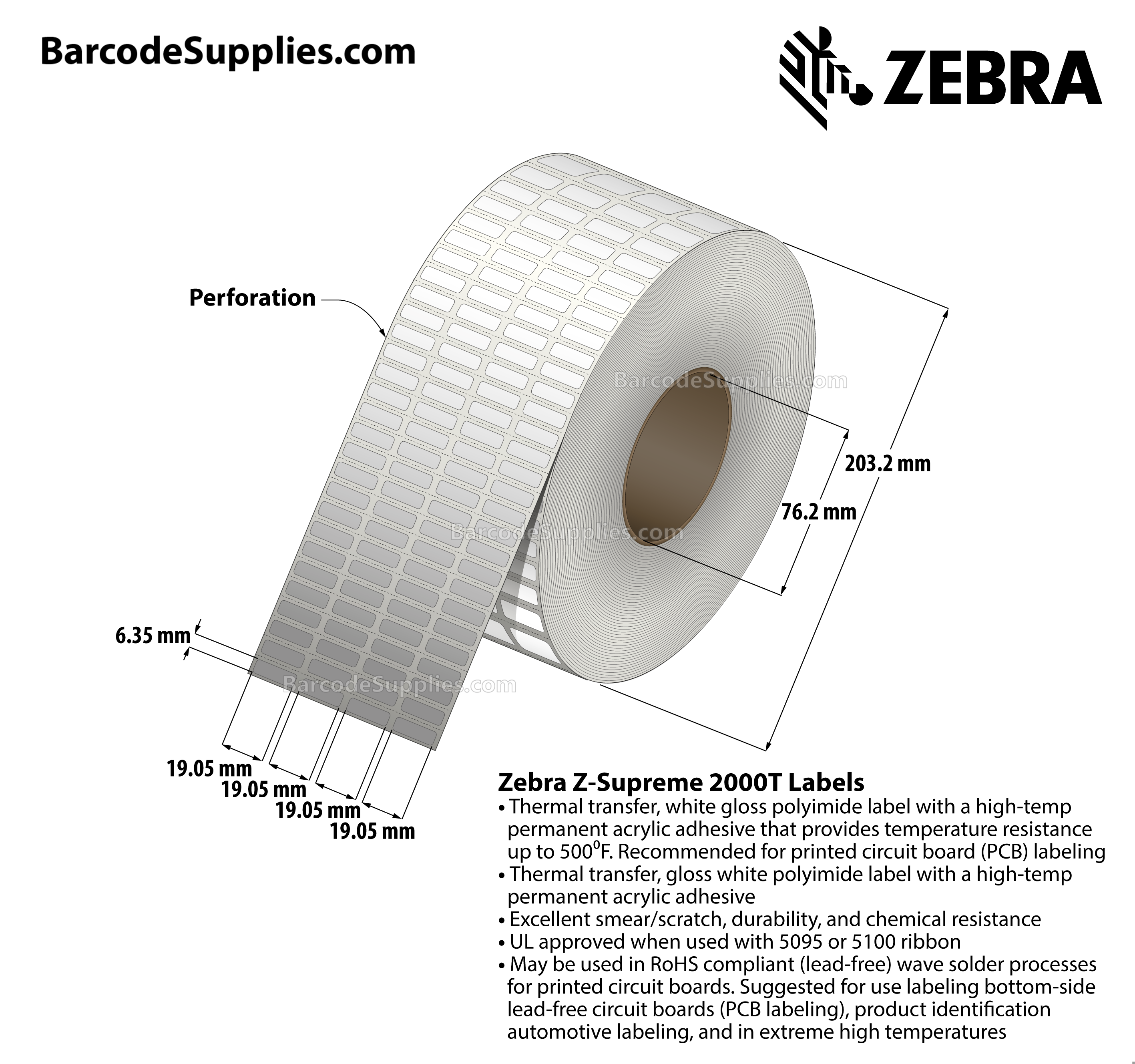 0.75 x 0.25 Thermal Transfer White Z-Supreme 2000T (4-Across) Labels With Permanent Adhesive - Perforated - 10000 Labels Per Roll - Carton Of 1 Rolls - 10000 Labels Total - MPN: 10023193