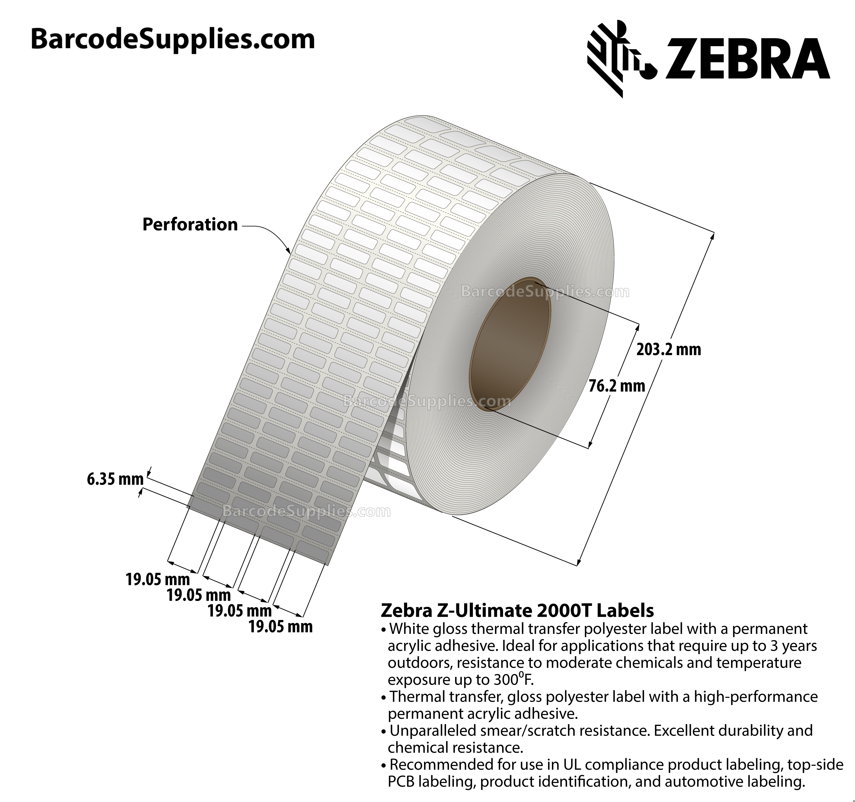 0.75 x 0.25 Thermal Transfer White Z-Ultimate 2000T (4-Across) Labels With Permanent Adhesive - Perforated - 10000 Labels Per Roll - Carton Of 4 Rolls - 40000 Labels Total - MPN: 10011972