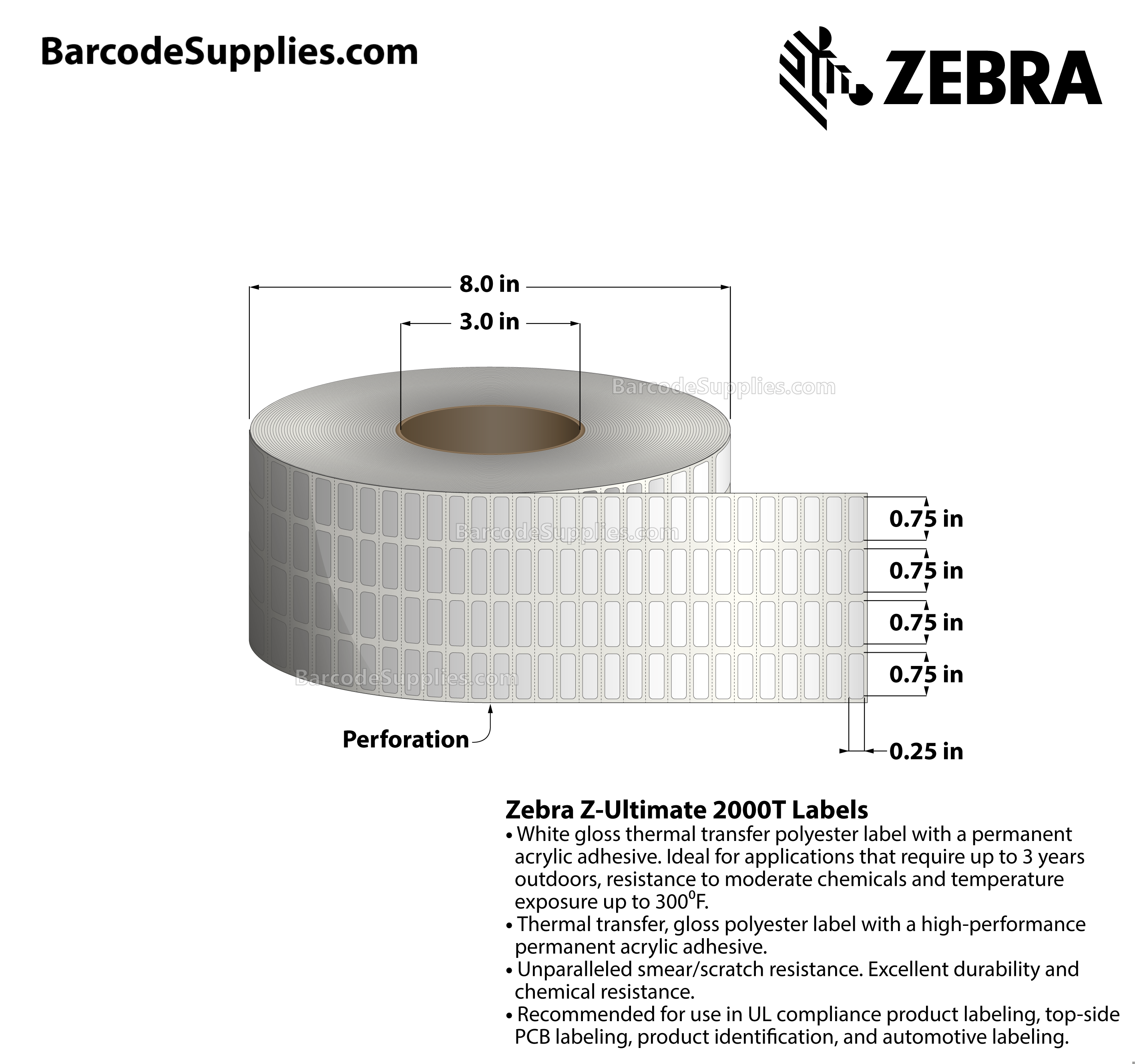 0.75 x 0.25 Thermal Transfer White Z-Ultimate 2000T (4-Across) Labels With Permanent Adhesive - Perforated - 10000 Labels Per Roll - Carton Of 4 Rolls - 40000 Labels Total - MPN: 10011972