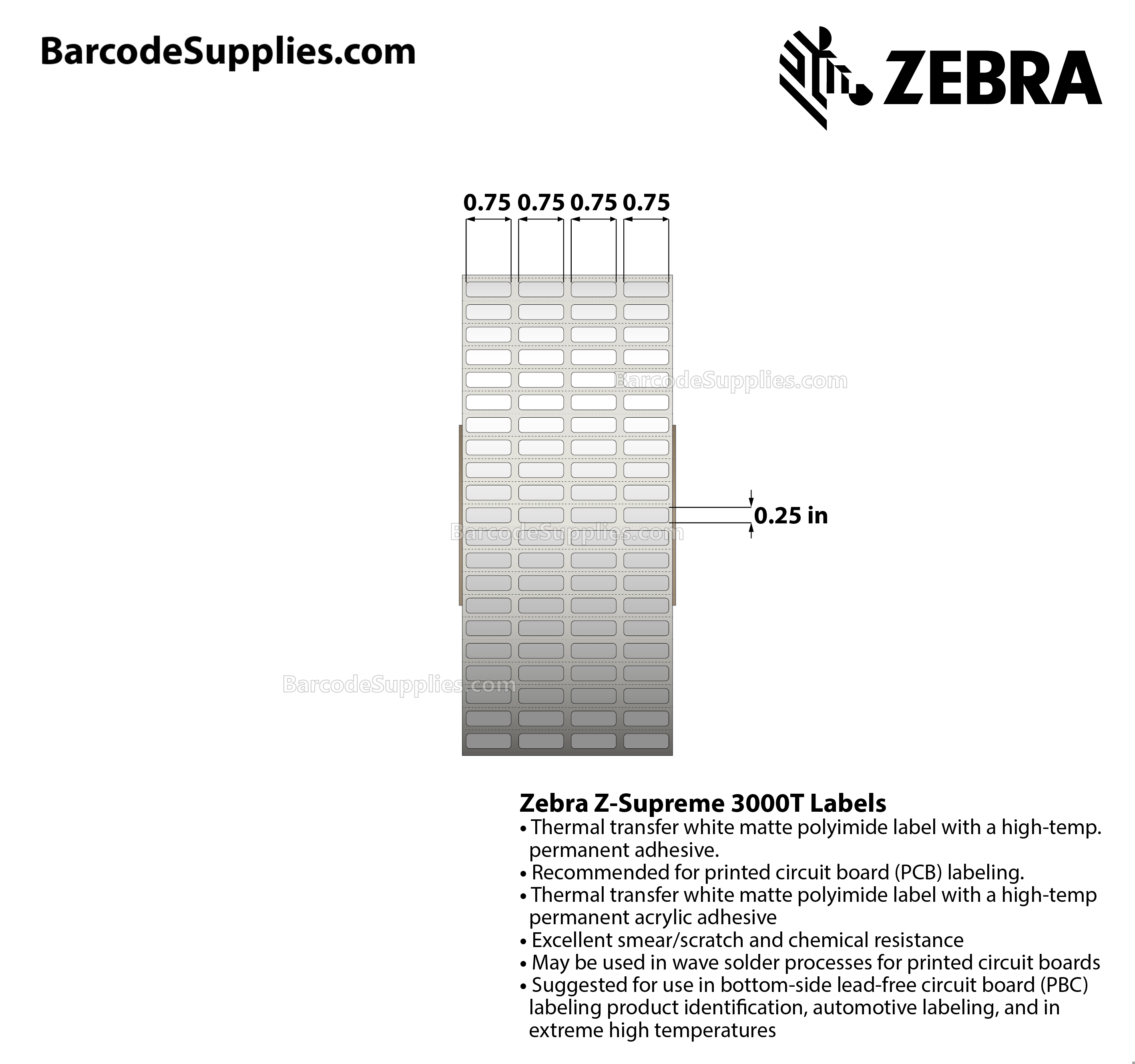 0.75 x 0.25 Thermal Transfer White Z-Supreme 3000T (4-Across) Labels With Permanent Adhesive - Perforated - 10000 Labels Per Roll - Carton Of 1 Rolls - 10000 Labels Total - MPN: 10023225