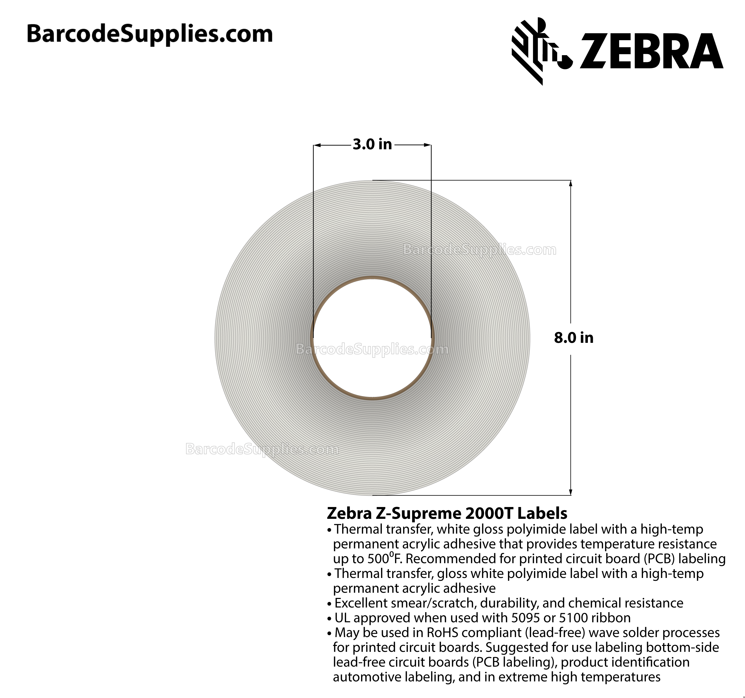 0.75 x 0.25 Thermal Transfer White Z-Supreme 2000T (4-Across) Labels With Permanent Adhesive - Perforated - 10000 Labels Per Roll - Carton Of 1 Rolls - 10000 Labels Total - MPN: 10023193