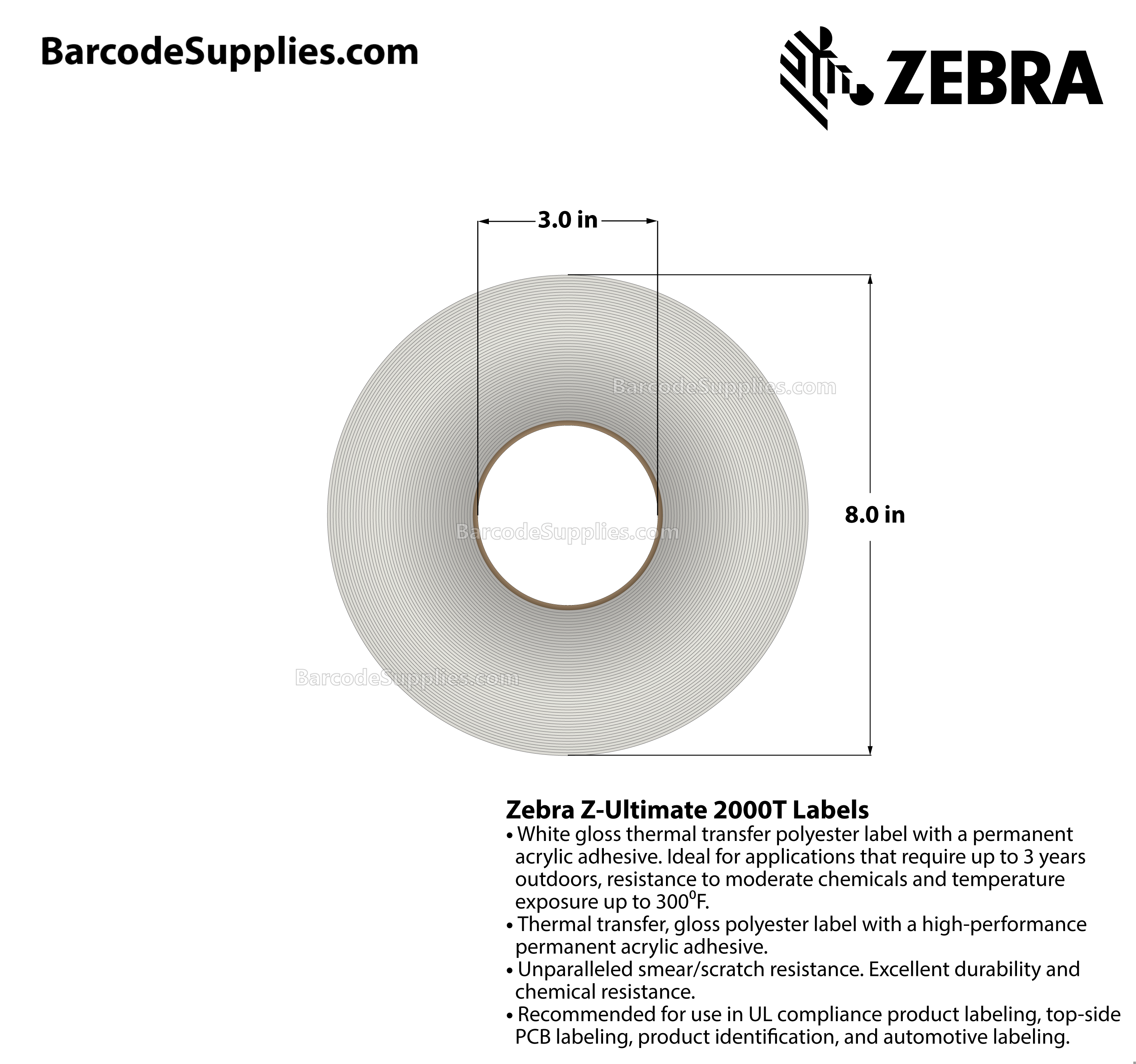 0.75 x 0.25 Thermal Transfer White Z-Ultimate 2000T (4-Across) Labels With Permanent Adhesive - Perforated - 10000 Labels Per Roll - Carton Of 4 Rolls - 40000 Labels Total - MPN: 10011972