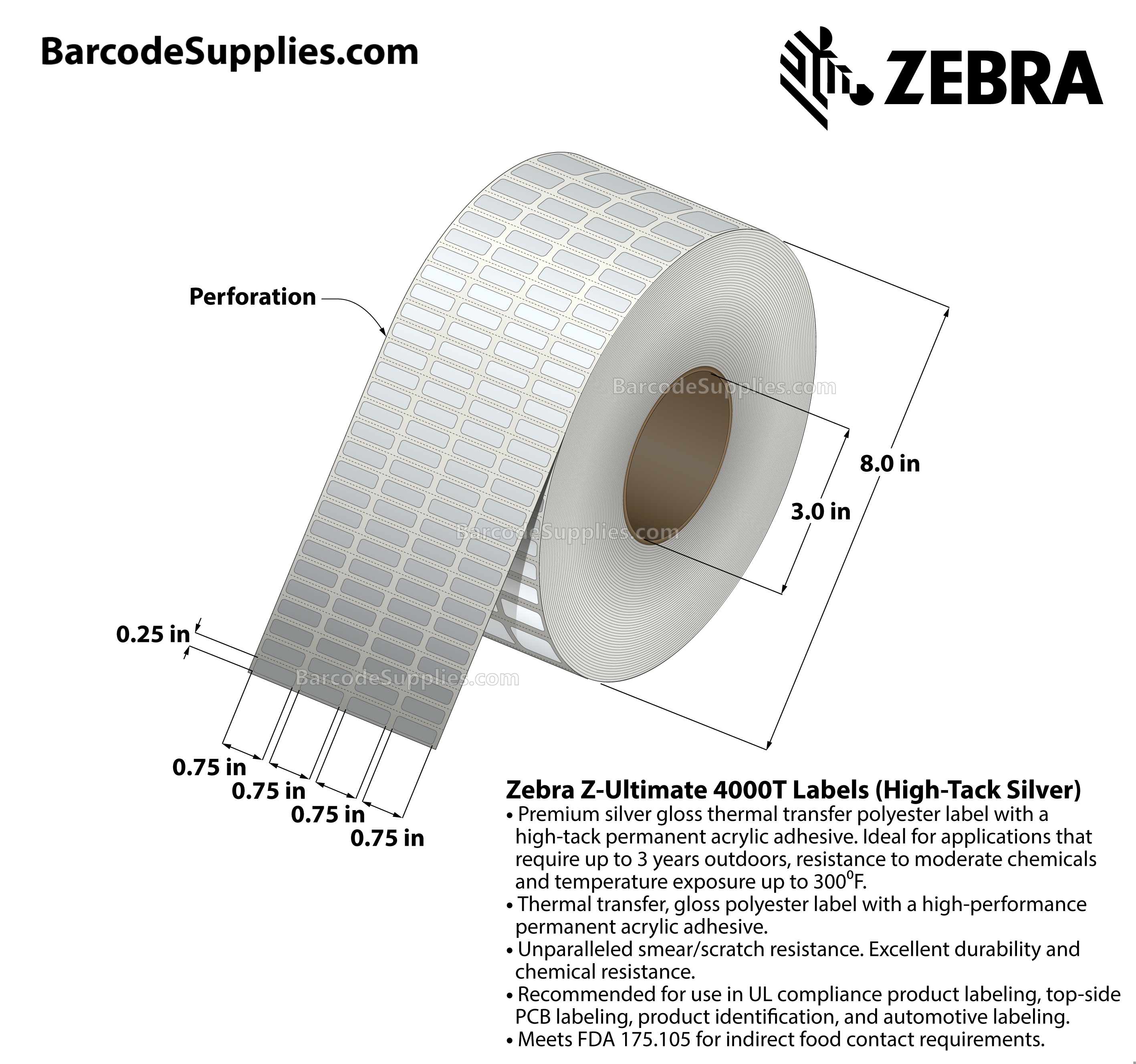 0.75 x 0.25 Thermal Transfer Silver Z-Ultimate 4000T High-Tack Silver (4-Across) Labels With High-tack Adhesive - Perforated - 10000 Labels Per Roll - Carton Of 1 Rolls - 10000 Labels Total - MPN: 10021221