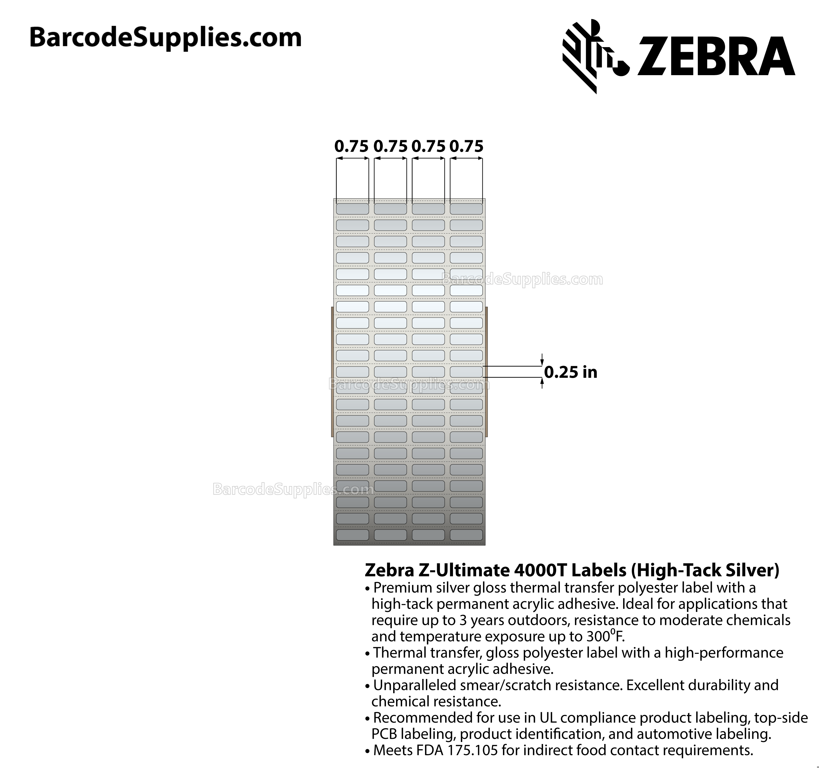 0.75 x 0.25 Thermal Transfer Silver Z-Ultimate 4000T High-Tack Silver (4-Across) Labels With High-tack Adhesive - Perforated - 10000 Labels Per Roll - Carton Of 1 Rolls - 10000 Labels Total - MPN: 10021221