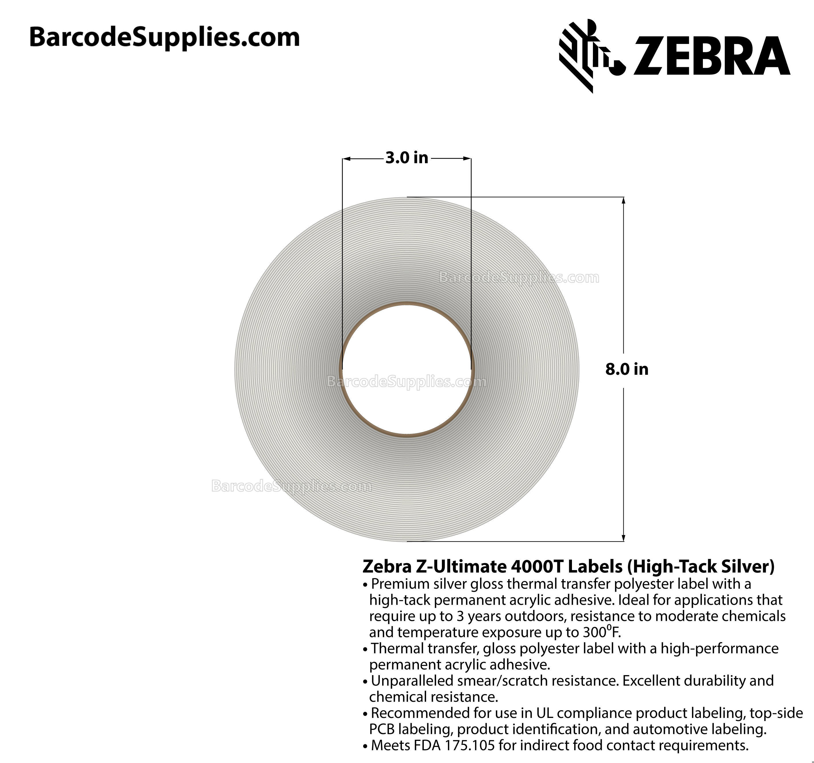 0.75 x 0.25 Thermal Transfer Silver Z-Ultimate 4000T High-Tack Silver (4-Across) Labels With High-tack Adhesive - Perforated - 10000 Labels Per Roll - Carton Of 1 Rolls - 10000 Labels Total - MPN: 10021221