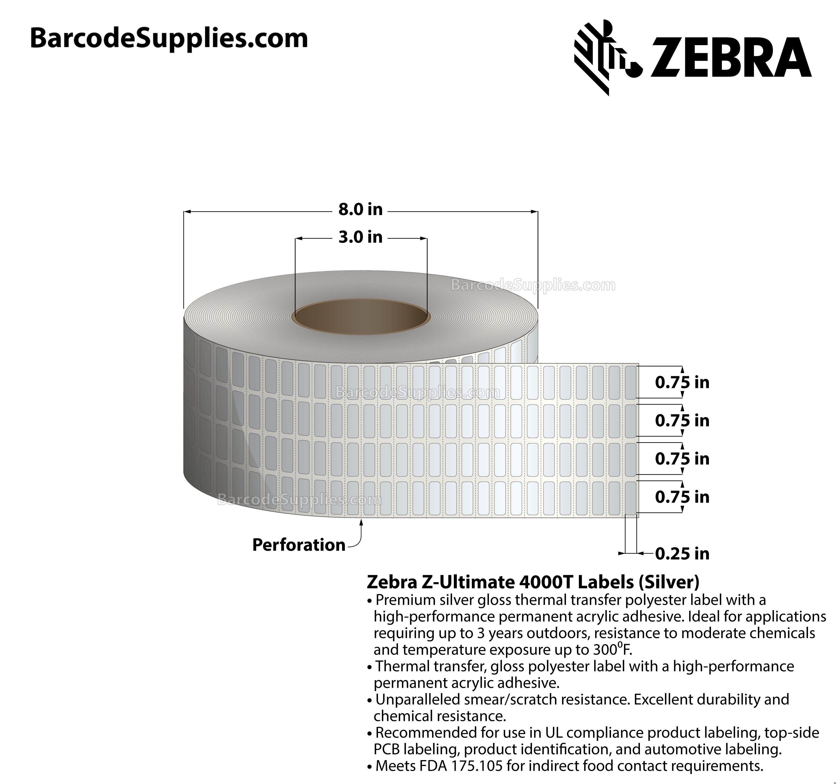 0.75 x 0.25 Thermal Transfer Silver Z-Ultimate 4000T Silver (4-Across) Labels With Permanent Adhesive - Perforated - 10000 Labels Per Roll - Carton Of 1 Rolls - 10000 Labels Total - MPN: 10023152