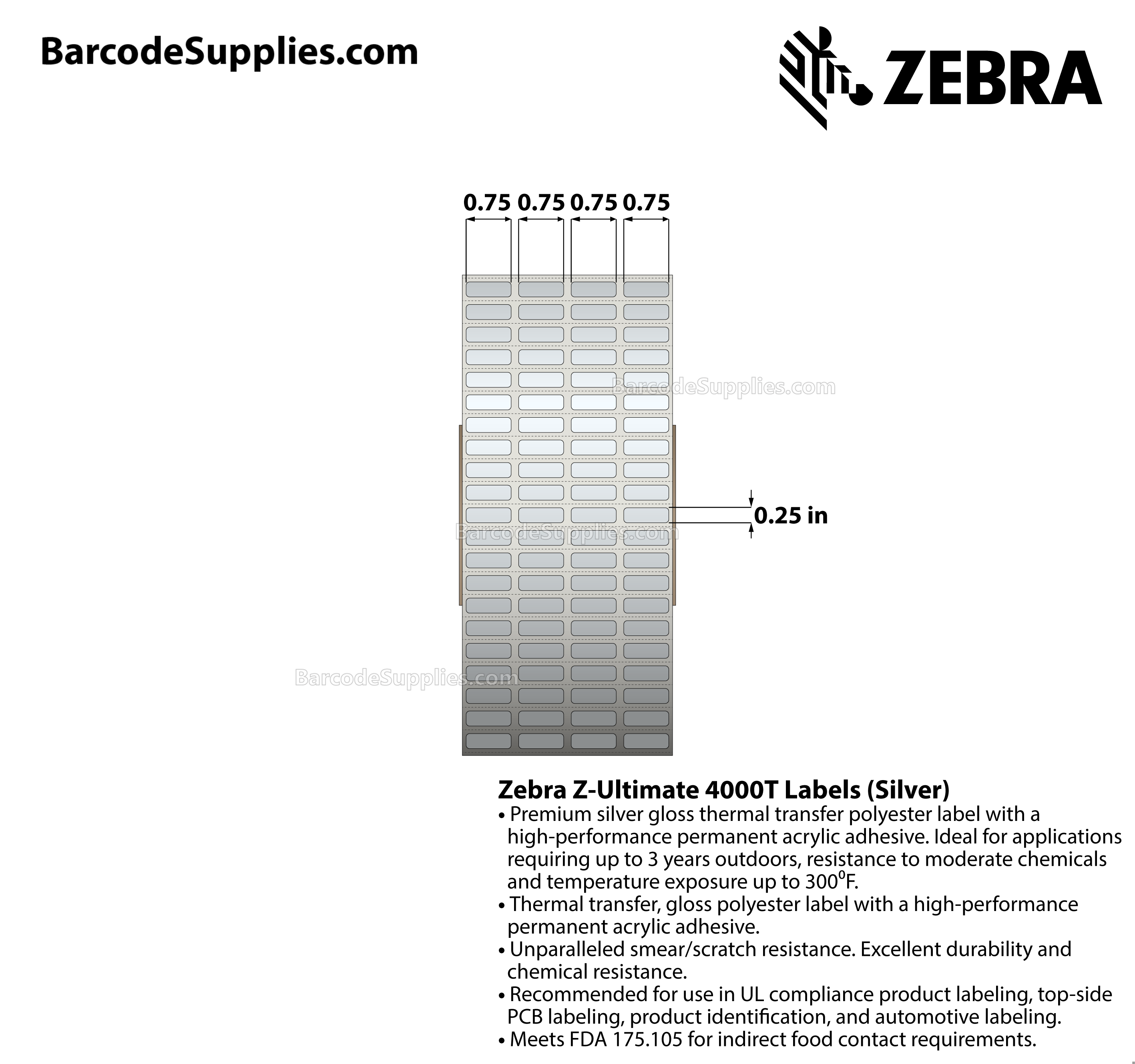 0.75 x 0.25 Thermal Transfer Silver Z-Ultimate 4000T Silver (4-Across) Labels With Permanent Adhesive - Perforated - 10000 Labels Per Roll - Carton Of 1 Rolls - 10000 Labels Total - MPN: 10023152