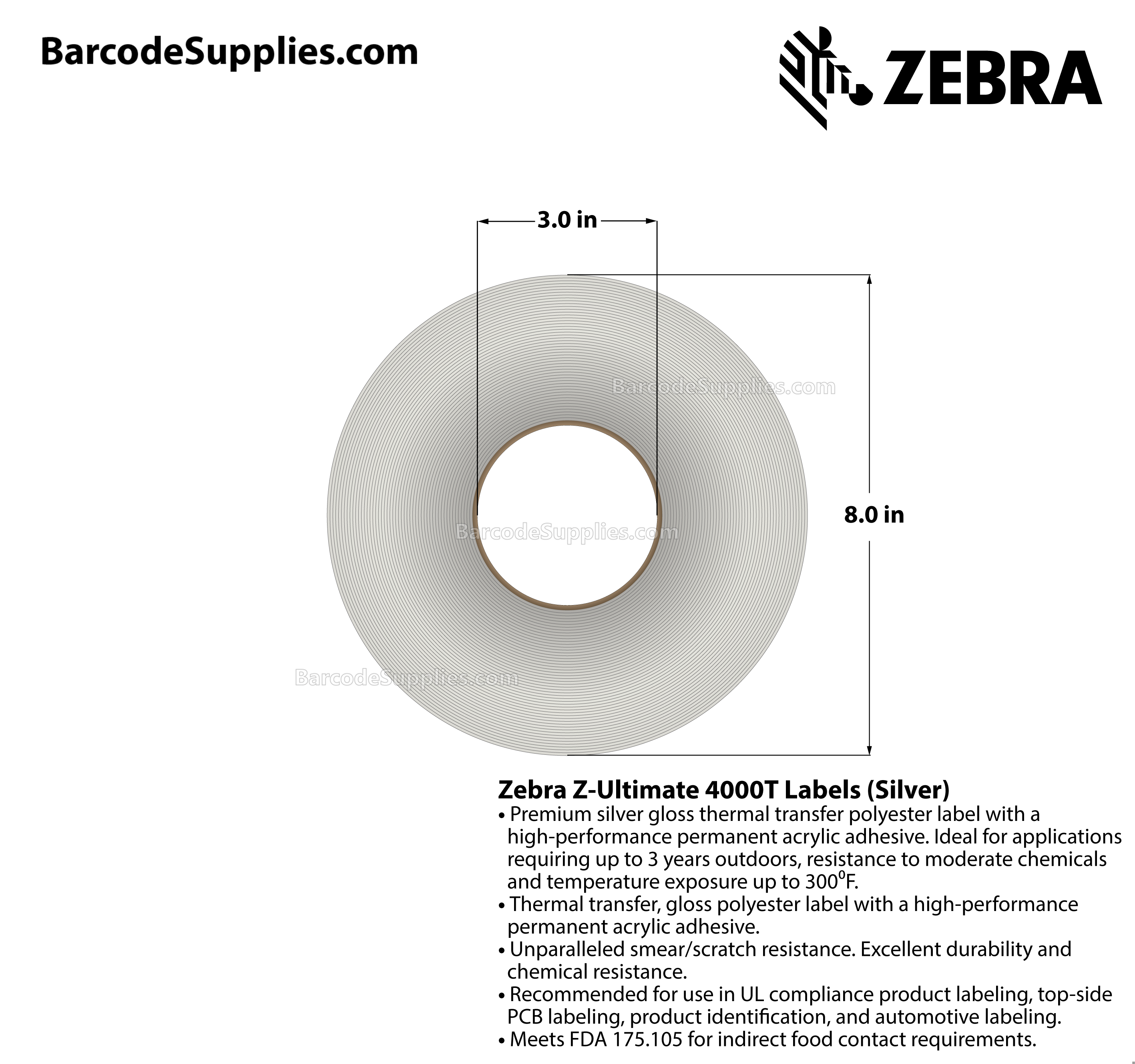 0.75 x 0.25 Thermal Transfer Silver Z-Ultimate 4000T Silver (4-Across) Labels With Permanent Adhesive - Perforated - 10000 Labels Per Roll - Carton Of 1 Rolls - 10000 Labels Total - MPN: 10023152
