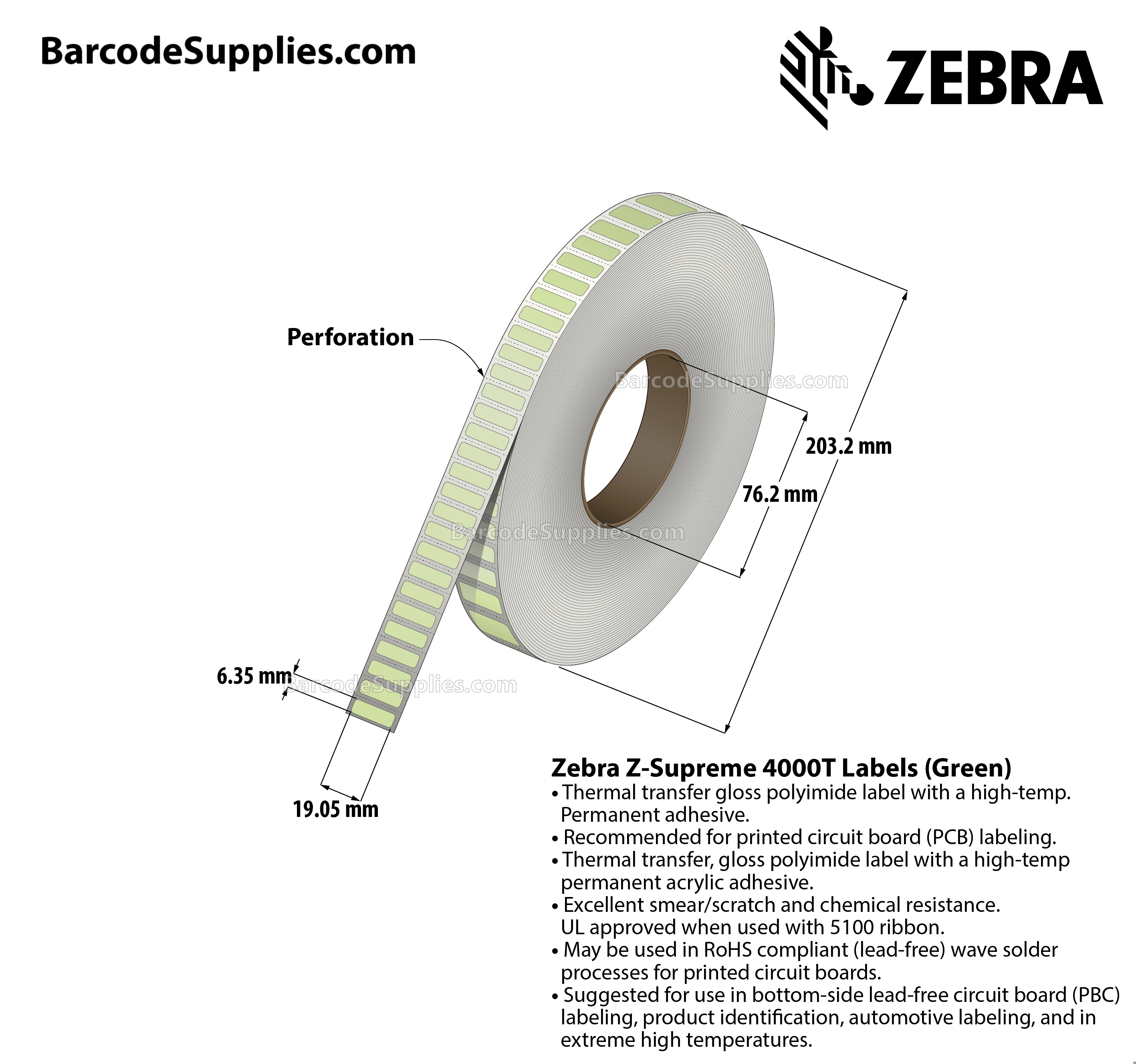0.75 x 0.25 Thermal Transfer Green Z-Supreme 4000T Green Labels With High-temp Adhesive - Perforated - 10000 Labels Per Roll - Carton Of 1 Rolls - 10000 Labels Total - MPN: 10023312