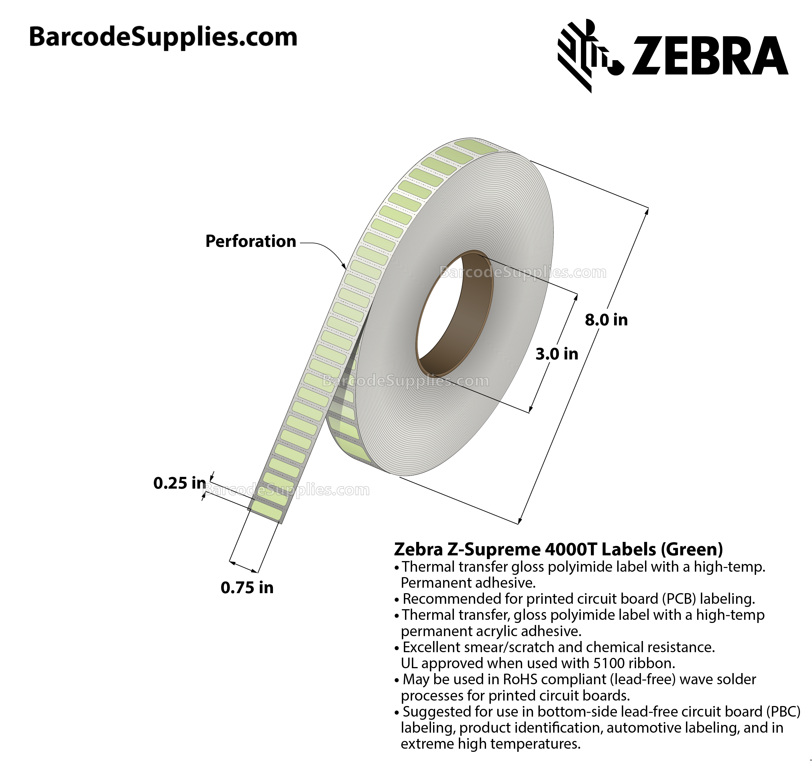 0.75 x 0.25 Thermal Transfer Green Z-Supreme 4000T Green Labels With High-temp Adhesive - Perforated - 10000 Labels Per Roll - Carton Of 1 Rolls - 10000 Labels Total - MPN: 10023312