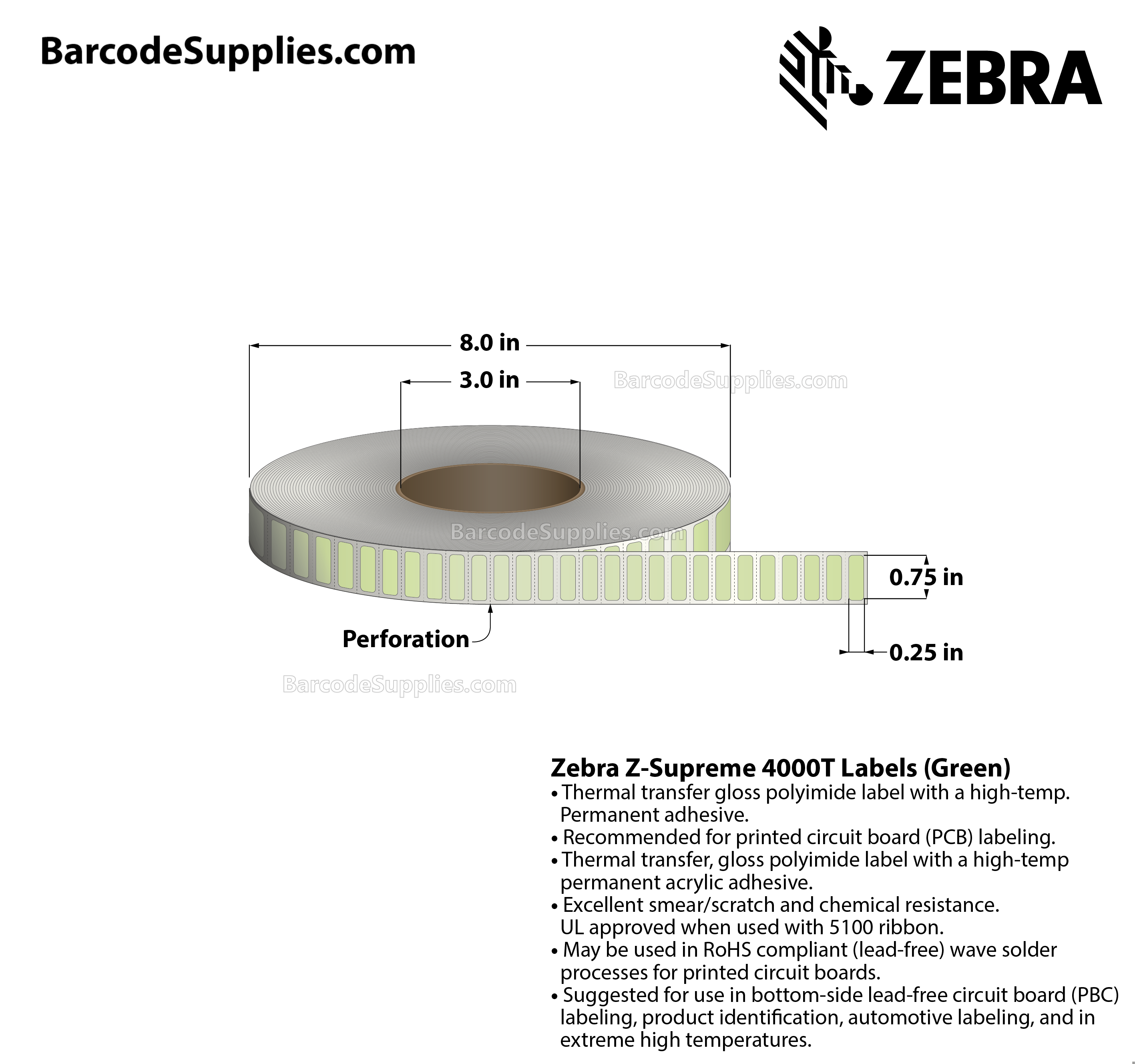 0.75 x 0.25 Thermal Transfer Green Z-Supreme 4000T Green Labels With High-temp Adhesive - Perforated - 10000 Labels Per Roll - Carton Of 1 Rolls - 10000 Labels Total - MPN: 10023312