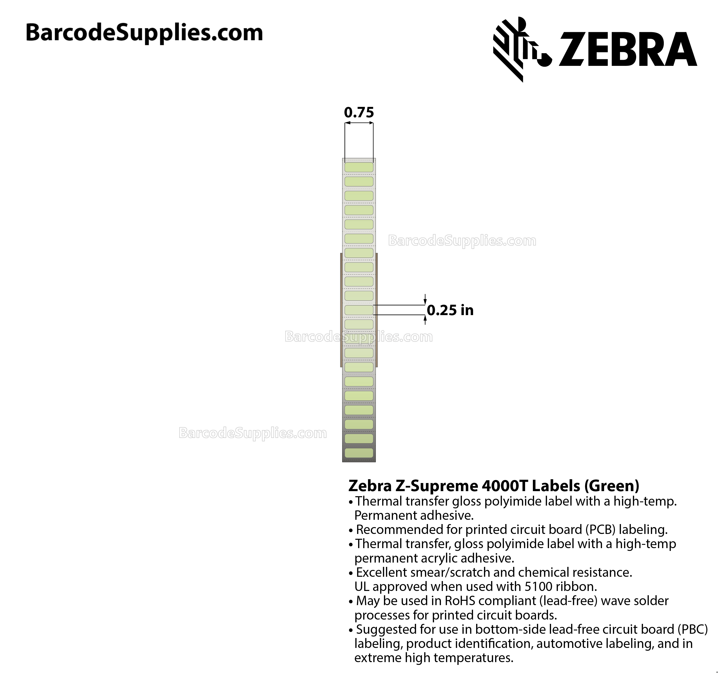 Zebra 0.75 x 0.25 Thermal Transfer Labels Z-Supreme 4000T Green 3