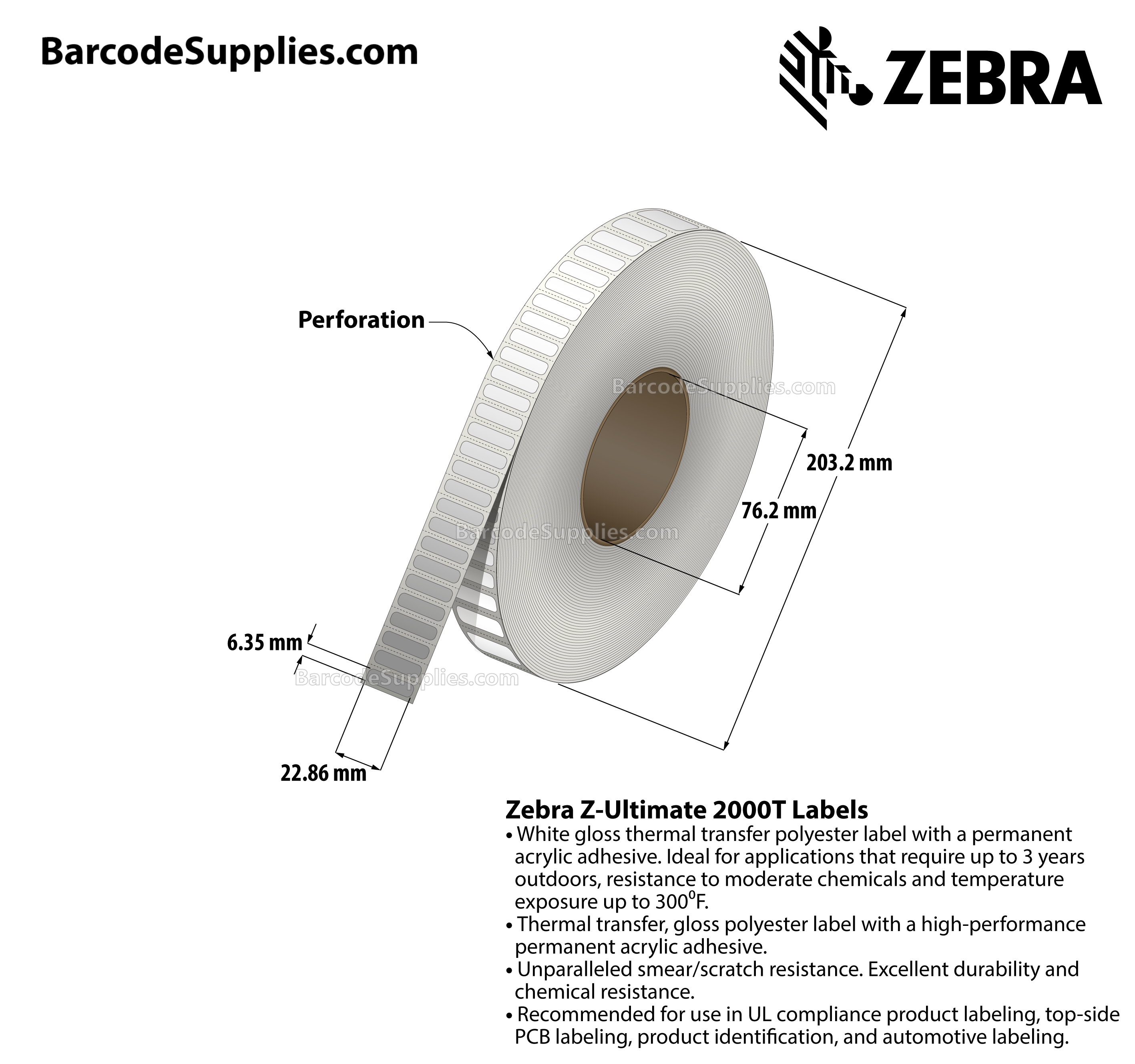 0.9 x 0.25 Thermal Transfer White Z-Ultimate 2000T Labels With Permanent Adhesive - Perforated - 10000 Labels Per Roll - Carton Of 1 Rolls - 10000 Labels Total - MPN: 10022976