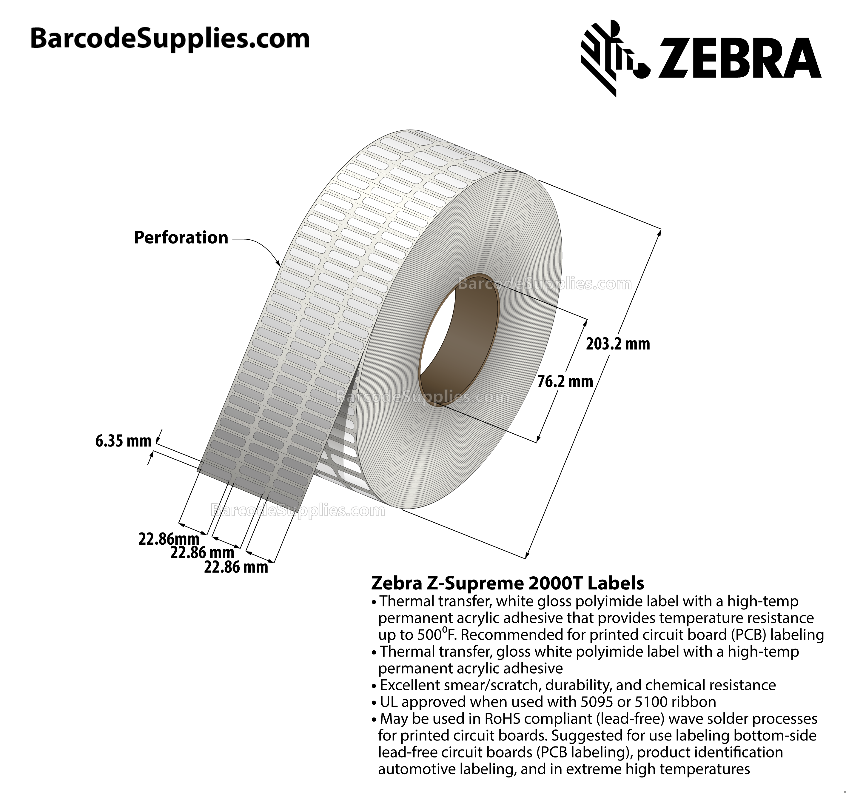 0.9 x 0.25 Thermal Transfer White Z-Supreme 2000T (3-Across) Labels With High-temp Adhesive - Perforated - 10002 Labels Per Roll - Carton Of 1 Rolls - 10002 Labels Total - MPN: 10023196