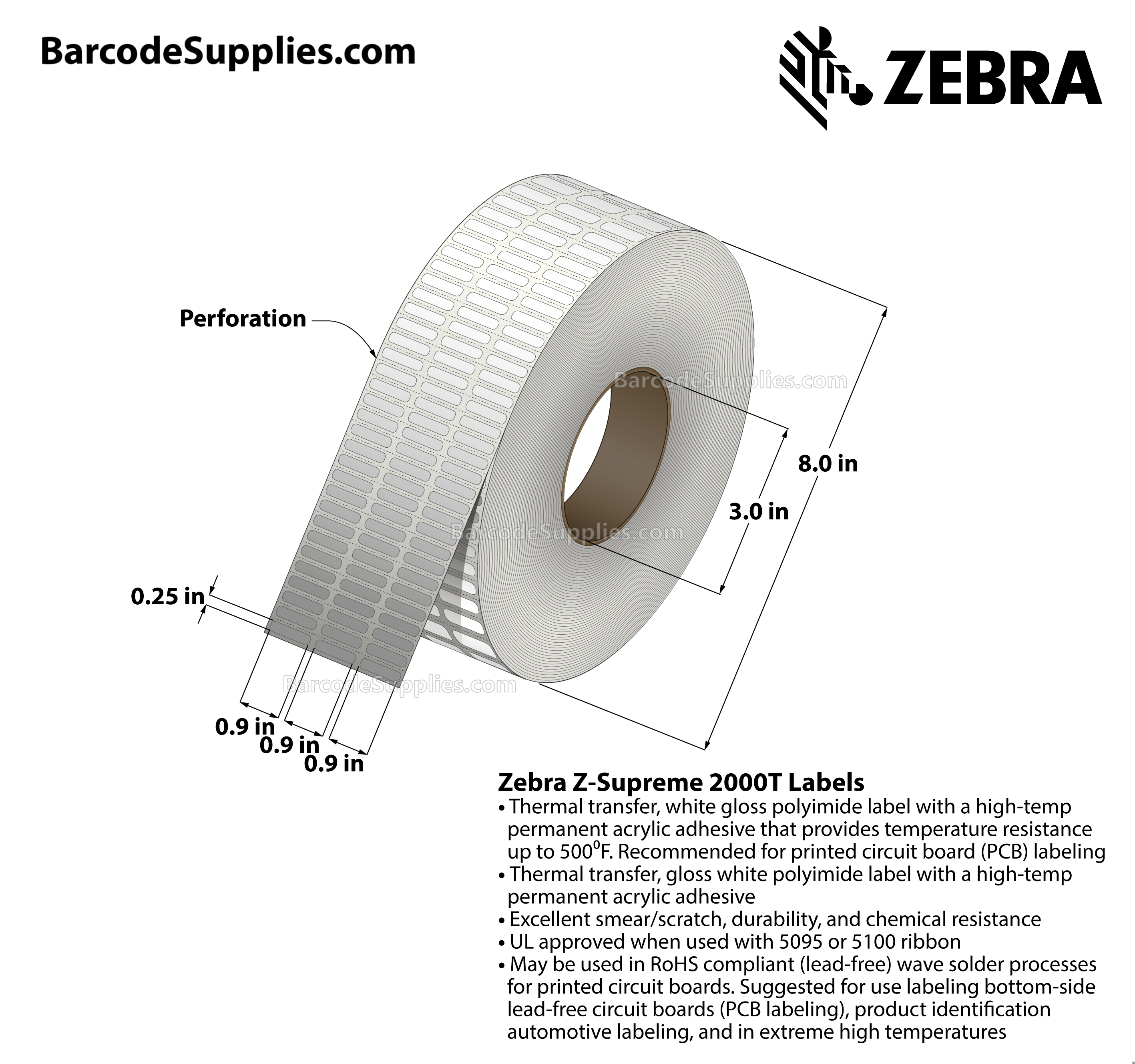 0.9 x 0.25 Thermal Transfer White Z-Supreme 2000T (3-Across) Labels With High-temp Adhesive - Perforated - 10002 Labels Per Roll - Carton Of 1 Rolls - 10002 Labels Total - MPN: 10023196