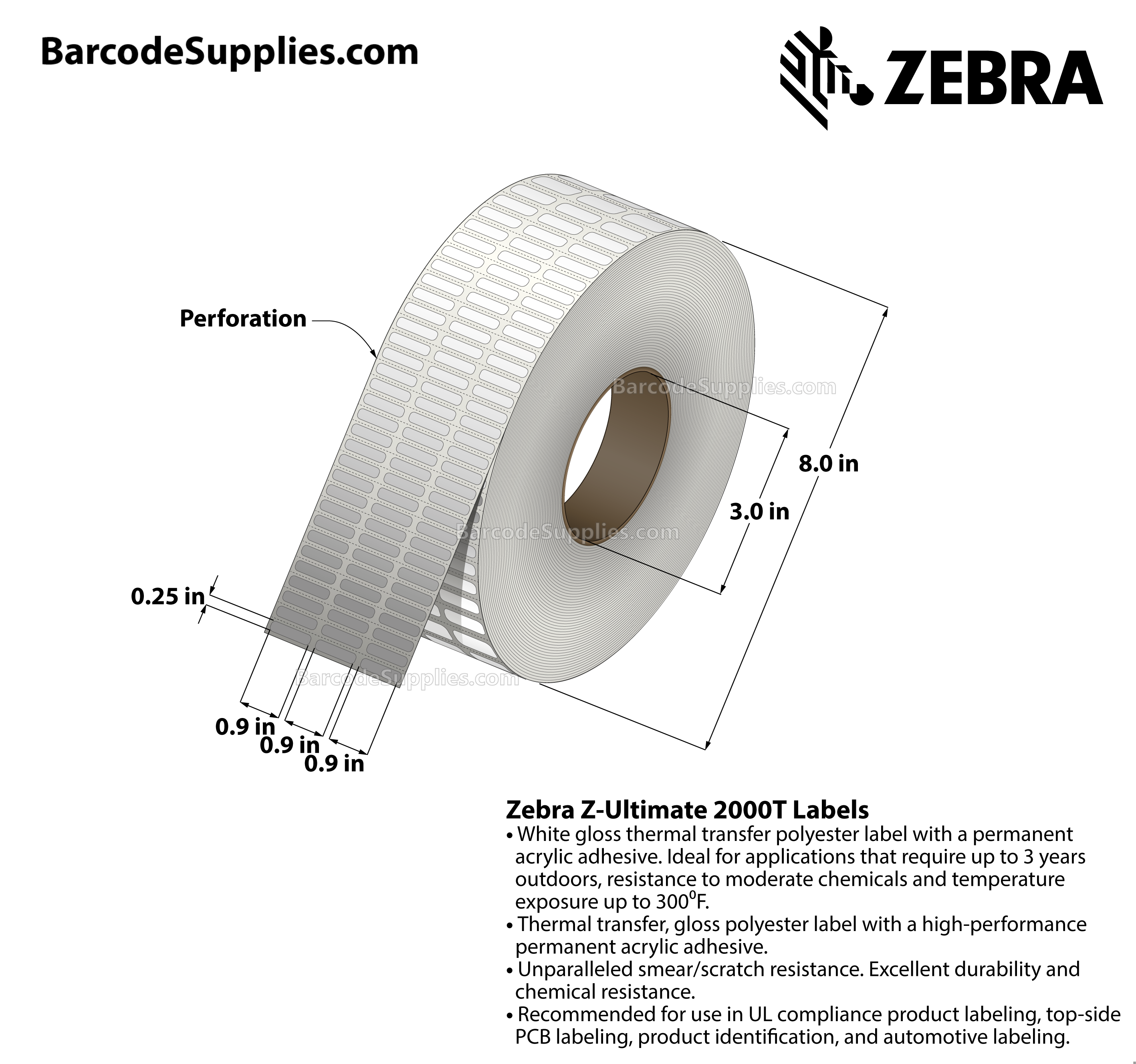 0.9 x 0.25 Thermal Transfer White Z-Ultimate 2000T (3-Across) Labels With Permanent Adhesive - Perforated - 10002 Labels Per Roll - Carton Of 1 Rolls - 10002 Labels Total - MPN: 10022977