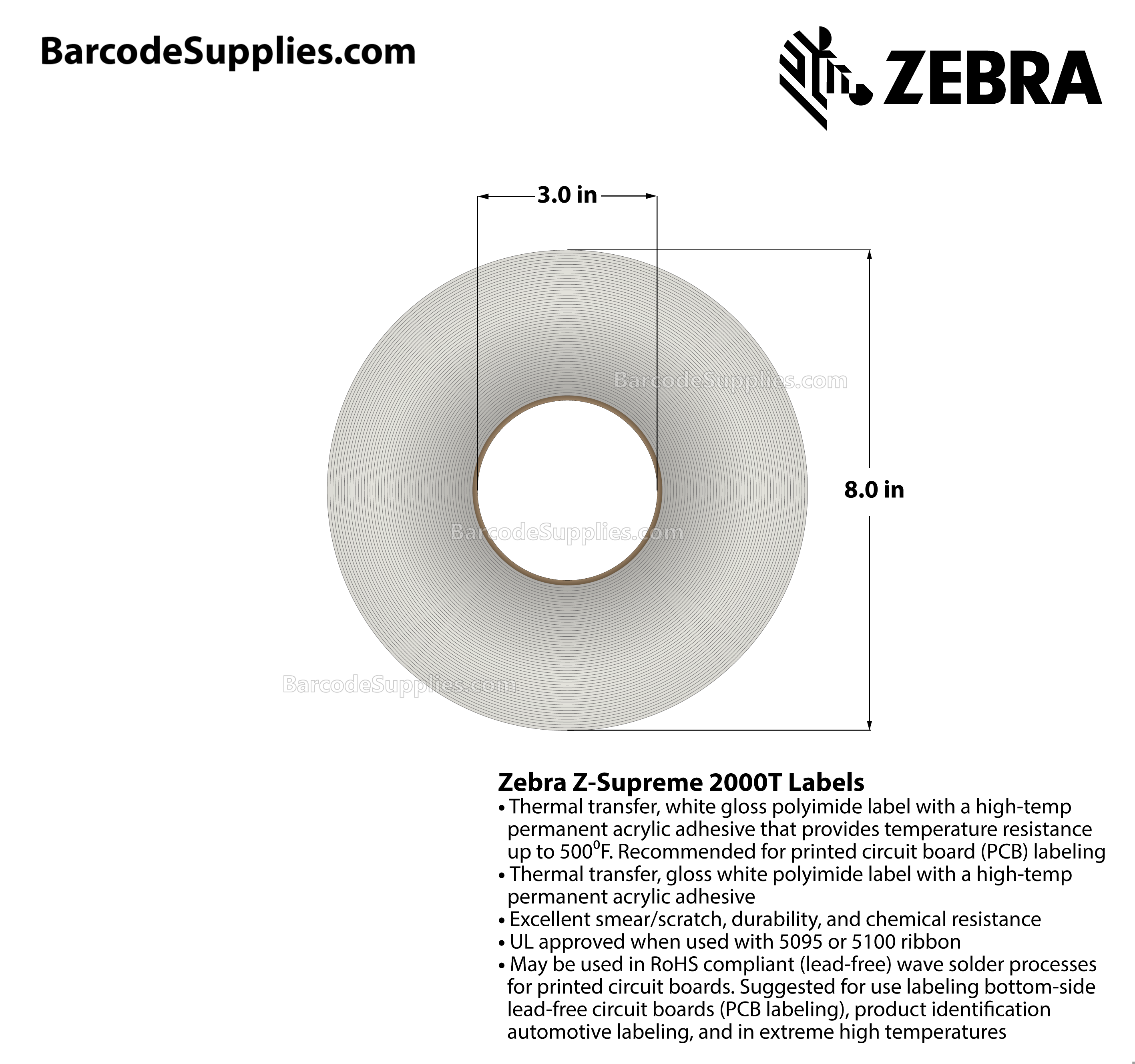 0.9 x 0.25 Thermal Transfer White Z-Supreme 2000T (3-Across) Labels With High-temp Adhesive - Perforated - 10002 Labels Per Roll - Carton Of 1 Rolls - 10002 Labels Total - MPN: 10023196