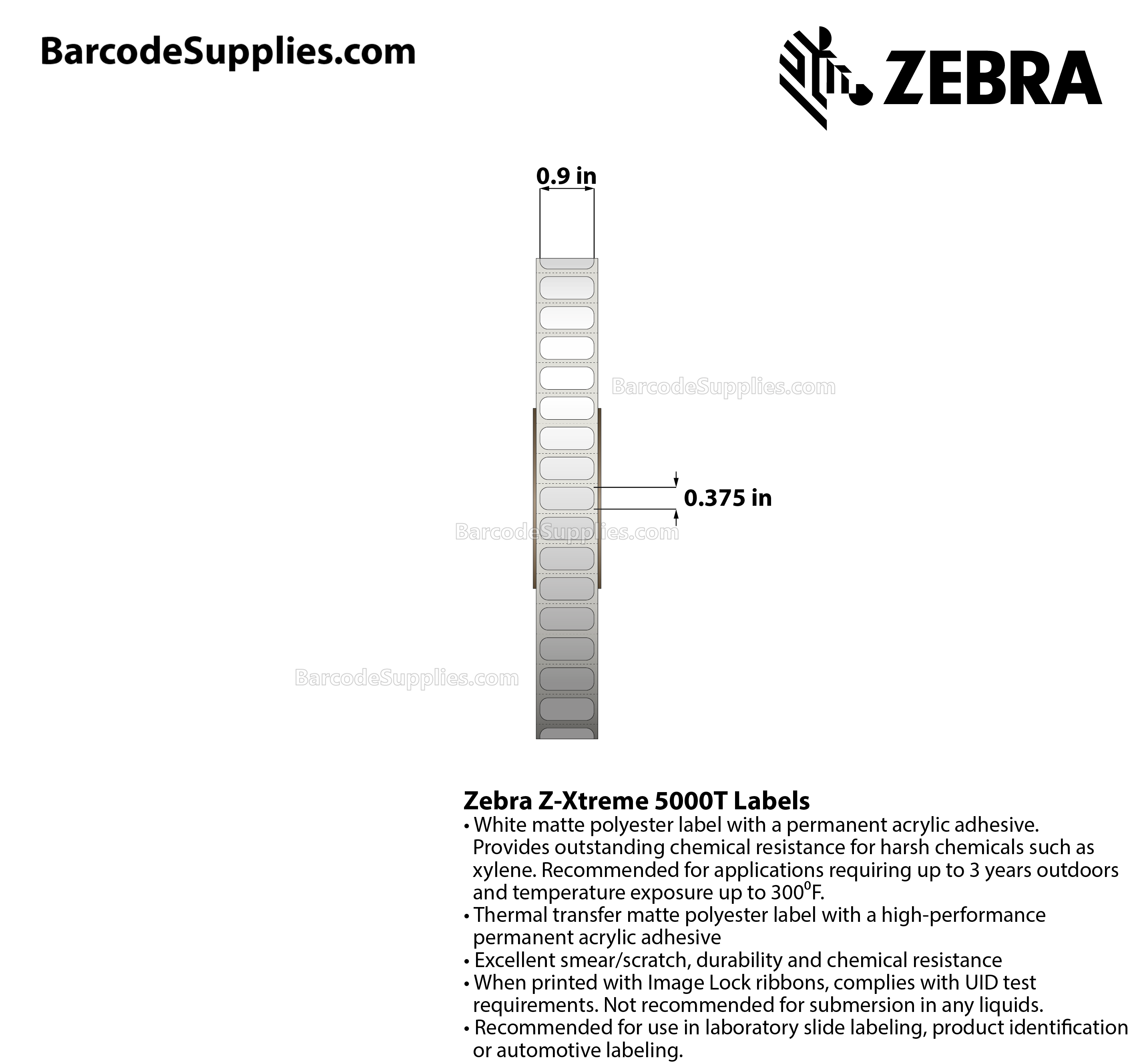 0.9 x 0.375 Thermal Transfer White Z-Xtreme 5000T Labels With Permanent Adhesive - Perforated - 3000 Labels Per Roll - Carton Of 1 Rolls - 3000 Labels Total - MPN: 10023247
