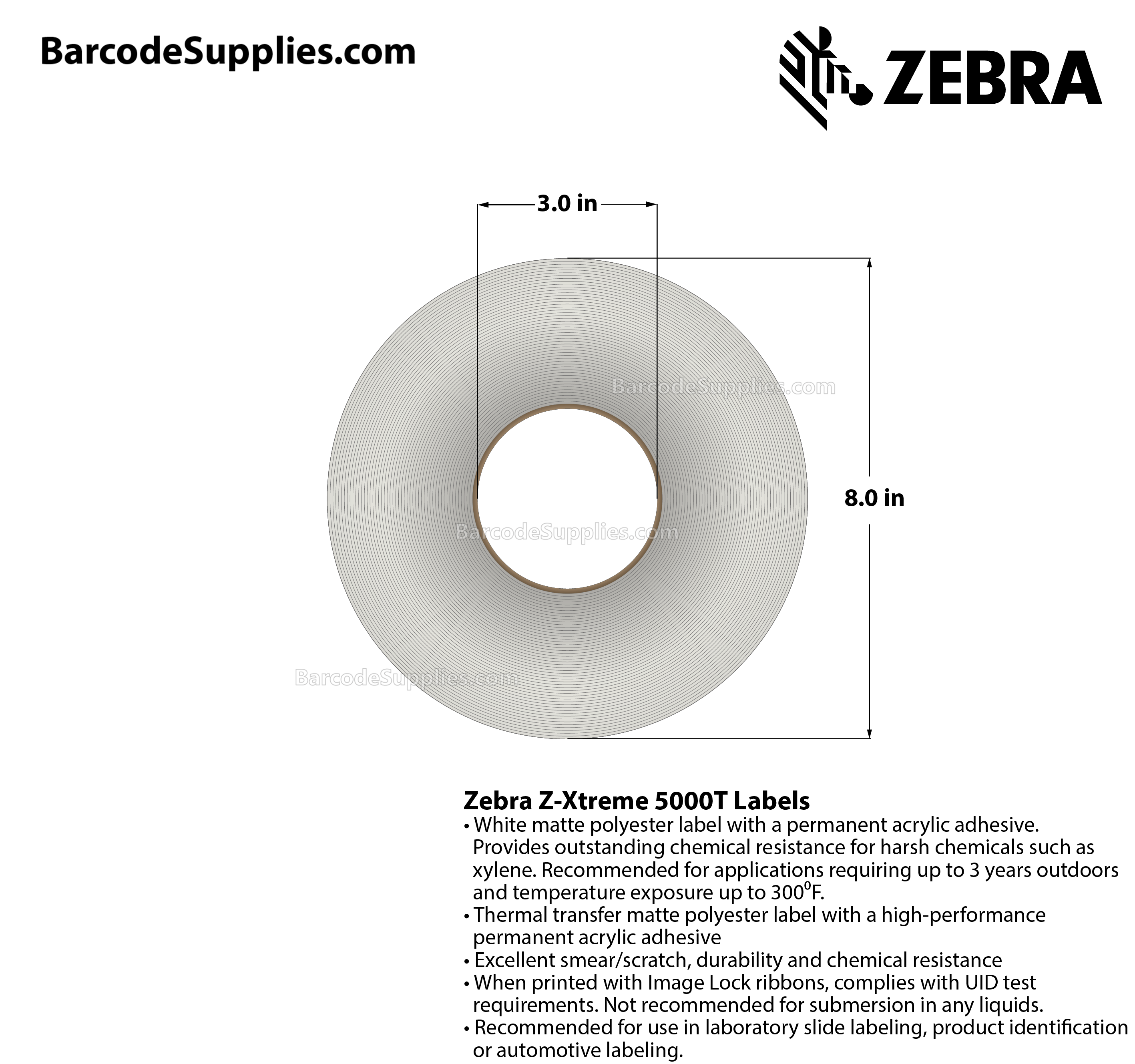 0.9 x 0.375 Thermal Transfer White Z-Xtreme 5000T Labels With Permanent Adhesive - Perforated - 3000 Labels Per Roll - Carton Of 1 Rolls - 3000 Labels Total - MPN: 10023247