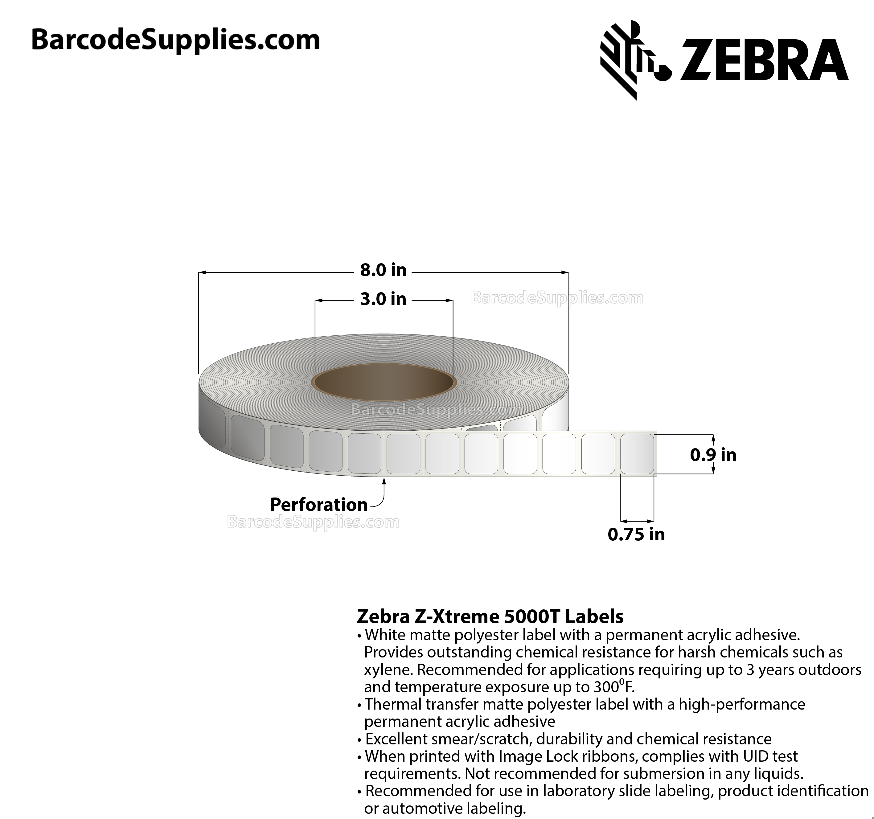 0.9 x 0.75 Thermal Transfer White Z-Xtreme 5000T Labels With Permanent Adhesive - Perforated - 3000 Labels Per Roll - Carton Of 1 Rolls - 3000 Labels Total - MPN: 10023248
