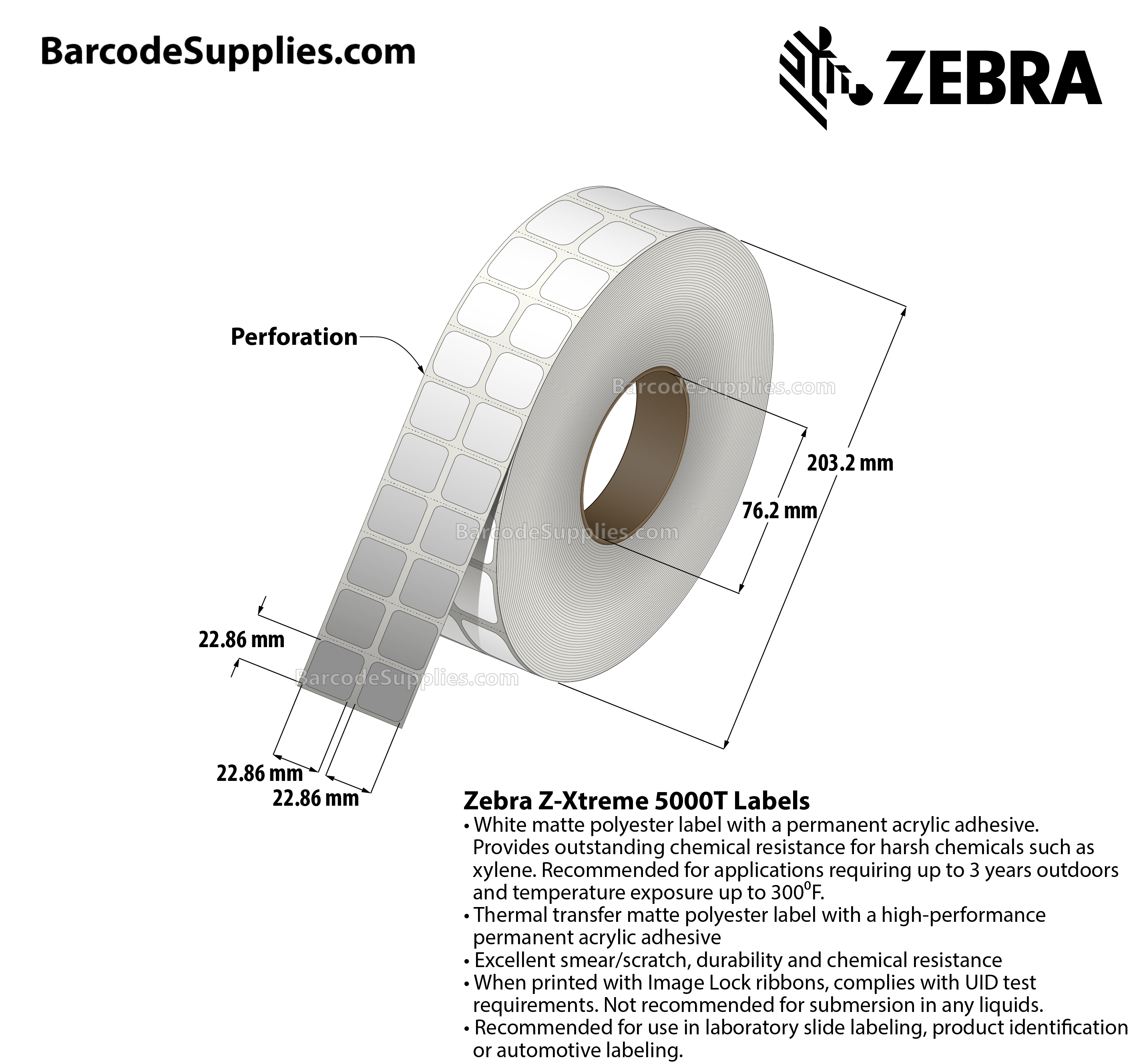 0.9 x 0.9 Thermal Transfer White Z-Xtreme 5000T (2-Across) Labels With Permanent Adhesive - Perforated - 3000 Labels Per Roll - Carton Of 1 Rolls - 3000 Labels Total - MPN: 10023251