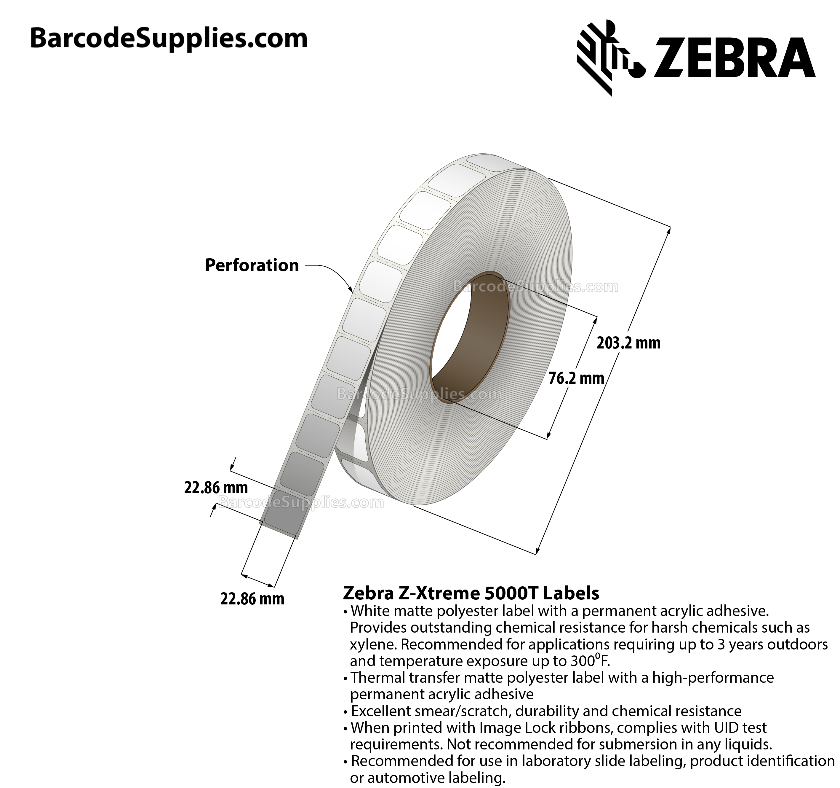 0.9 x 0.9 Thermal Transfer White Z-Xtreme 5000T Labels With Permanent Adhesive - Perforated - 3000 Labels Per Roll - Carton Of 1 Rolls - 3000 Labels Total - MPN: 10023249