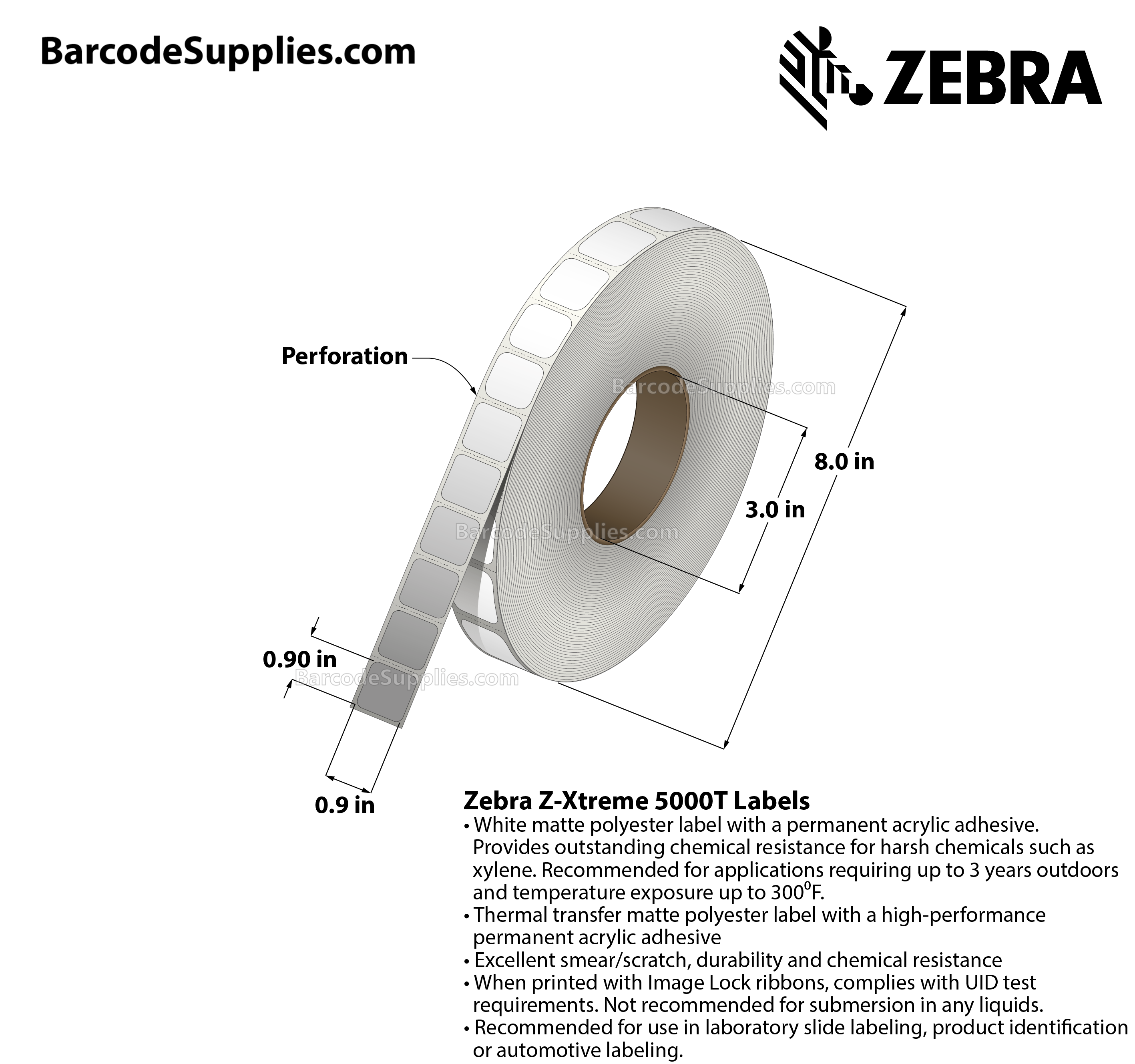 0.9 x 0.9 Thermal Transfer White Z-Xtreme 5000T Labels With Permanent Adhesive - Perforated - 3000 Labels Per Roll - Carton Of 1 Rolls - 3000 Labels Total - MPN: 10023249