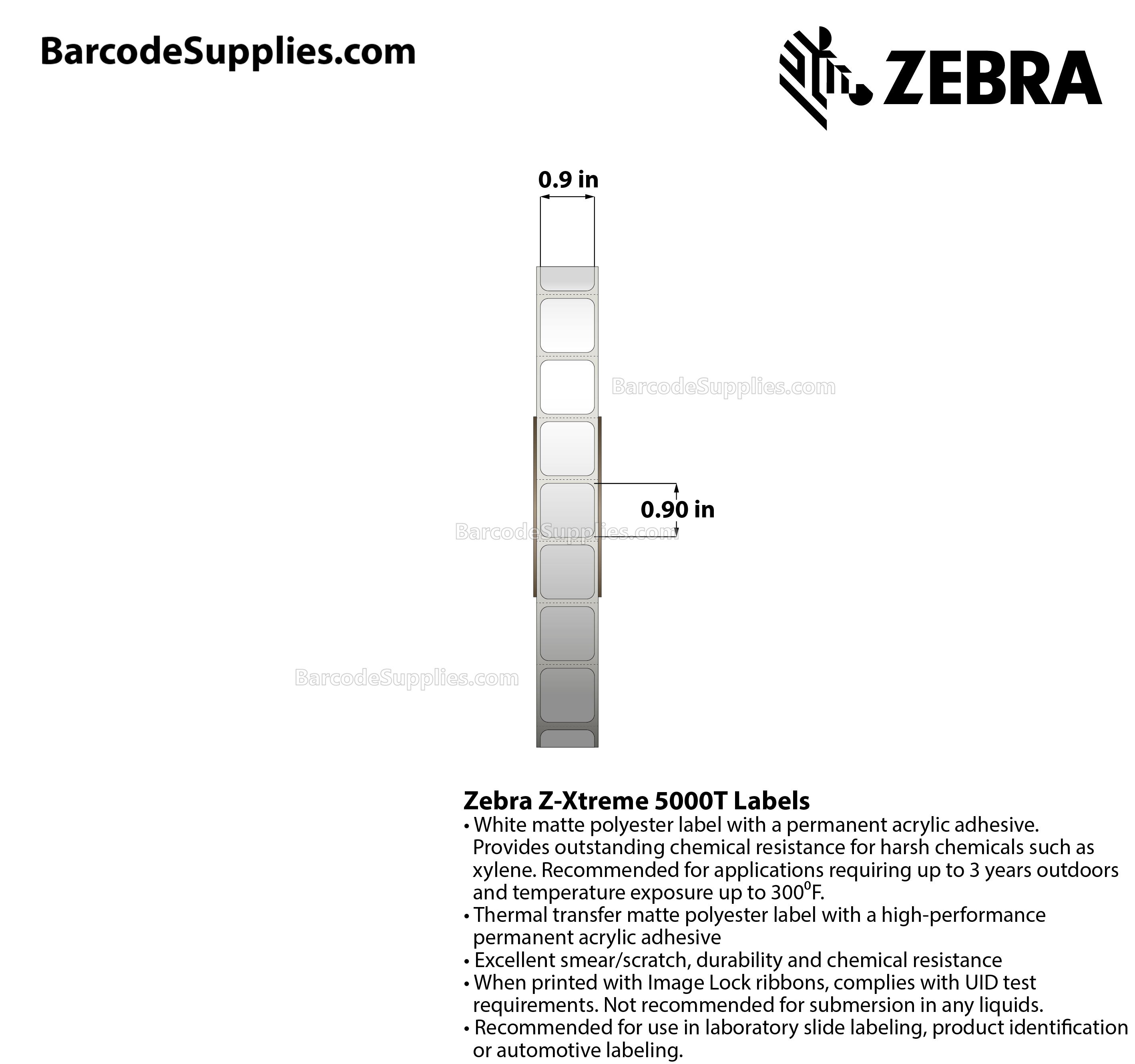 0.9 x 0.9 Thermal Transfer White Z-Xtreme 5000T Labels With Permanent Adhesive - Perforated - 3000 Labels Per Roll - Carton Of 1 Rolls - 3000 Labels Total - MPN: 10023249