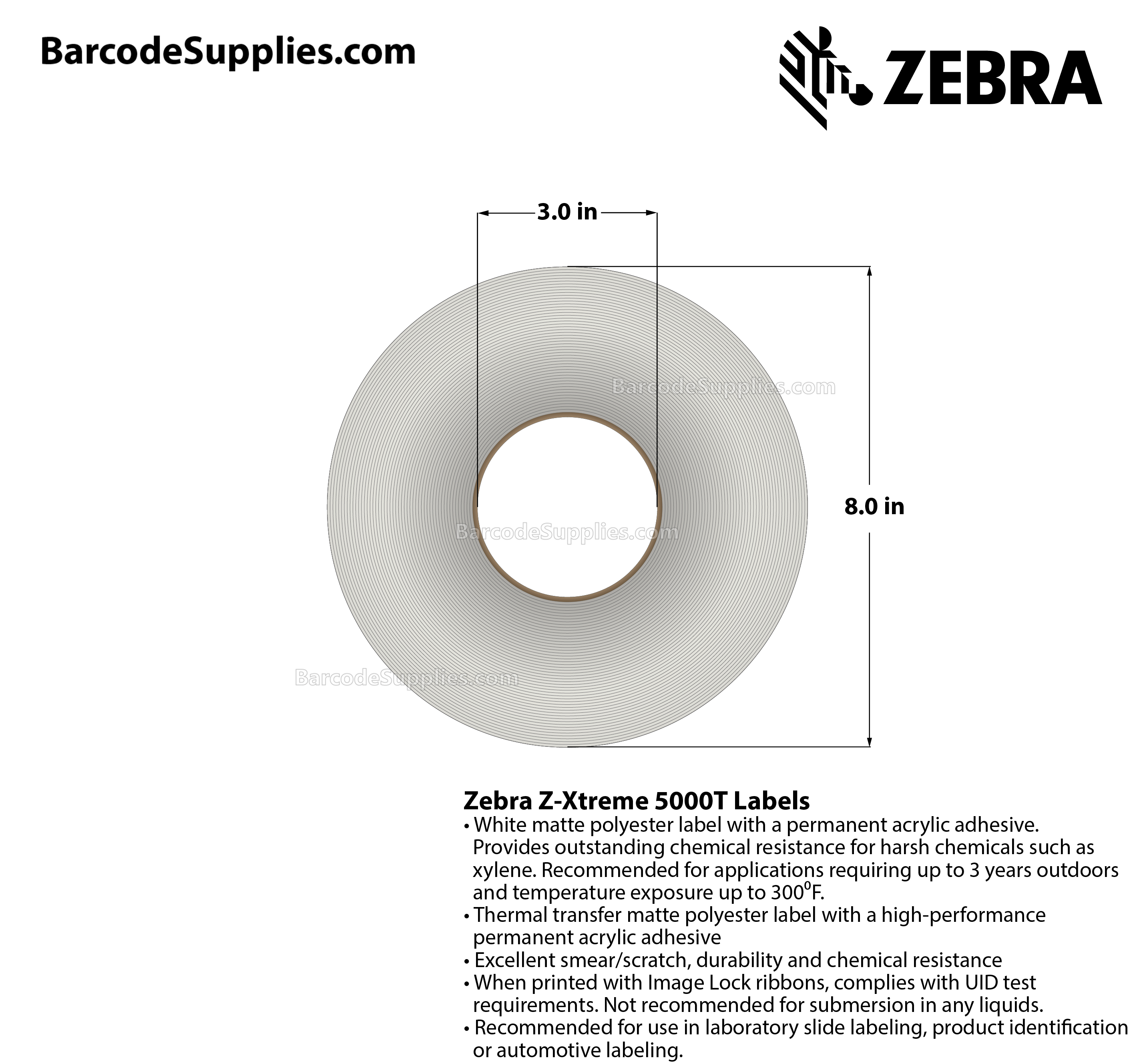 0.9 x 0.9 Thermal Transfer White Z-Xtreme 5000T Labels With Permanent Adhesive - Perforated - 3000 Labels Per Roll - Carton Of 1 Rolls - 3000 Labels Total - MPN: 10023249