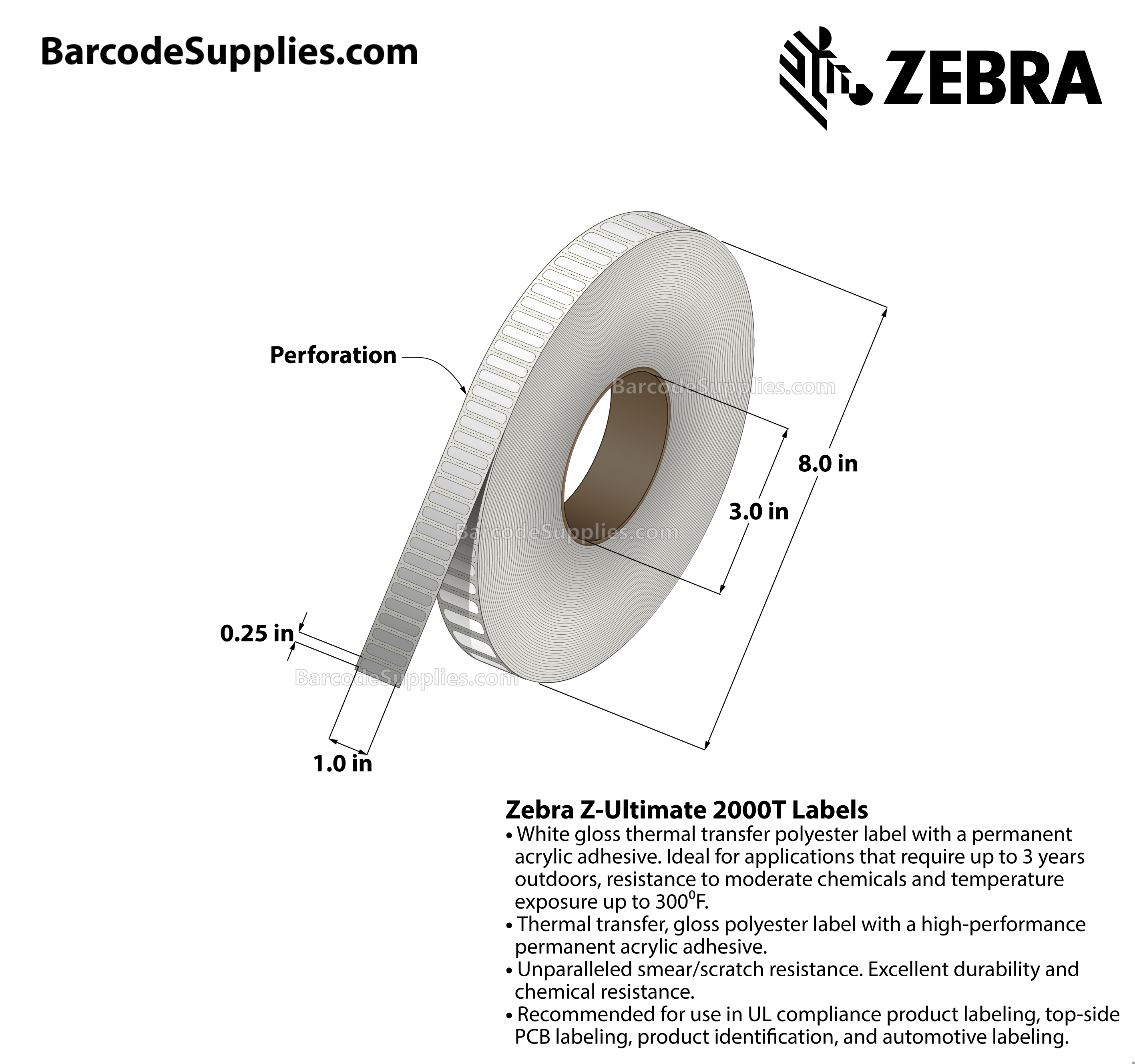1 x 0.25 Thermal Transfer White Z-Ultimate 2000T Labels With Permanent Adhesive - Perforated - 16456 Labels Per Roll - Carton Of 4 Rolls - 65824 Labels Total - MPN: 10011975