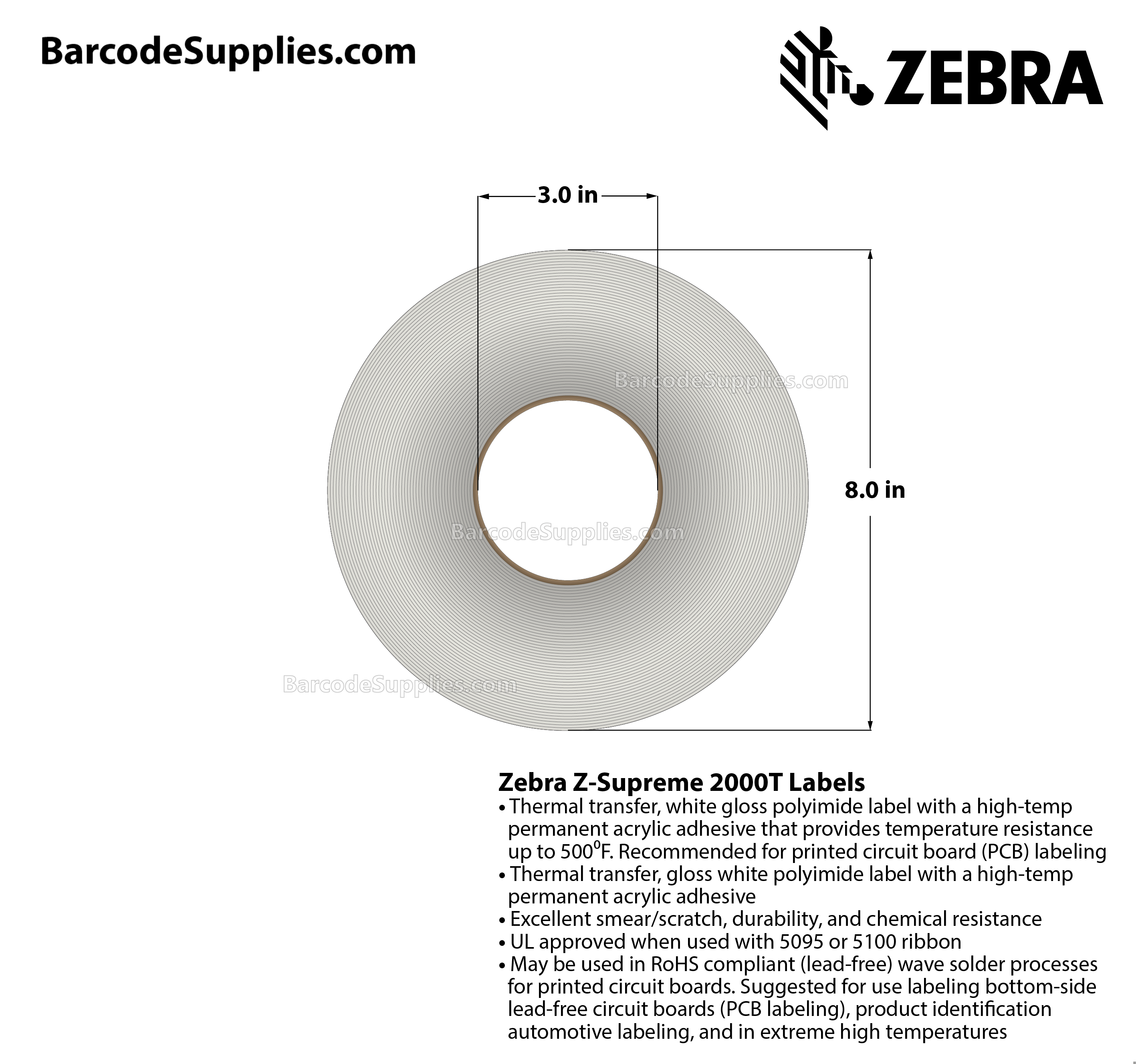 1 x 0.25 Thermal Transfer White Z-Supreme 2000T White Labels With High-temp Adhesive - Perforated - 10000 Labels Per Roll - Carton Of 1 Rolls - 10000 Labels Total - MPN: 10015765
