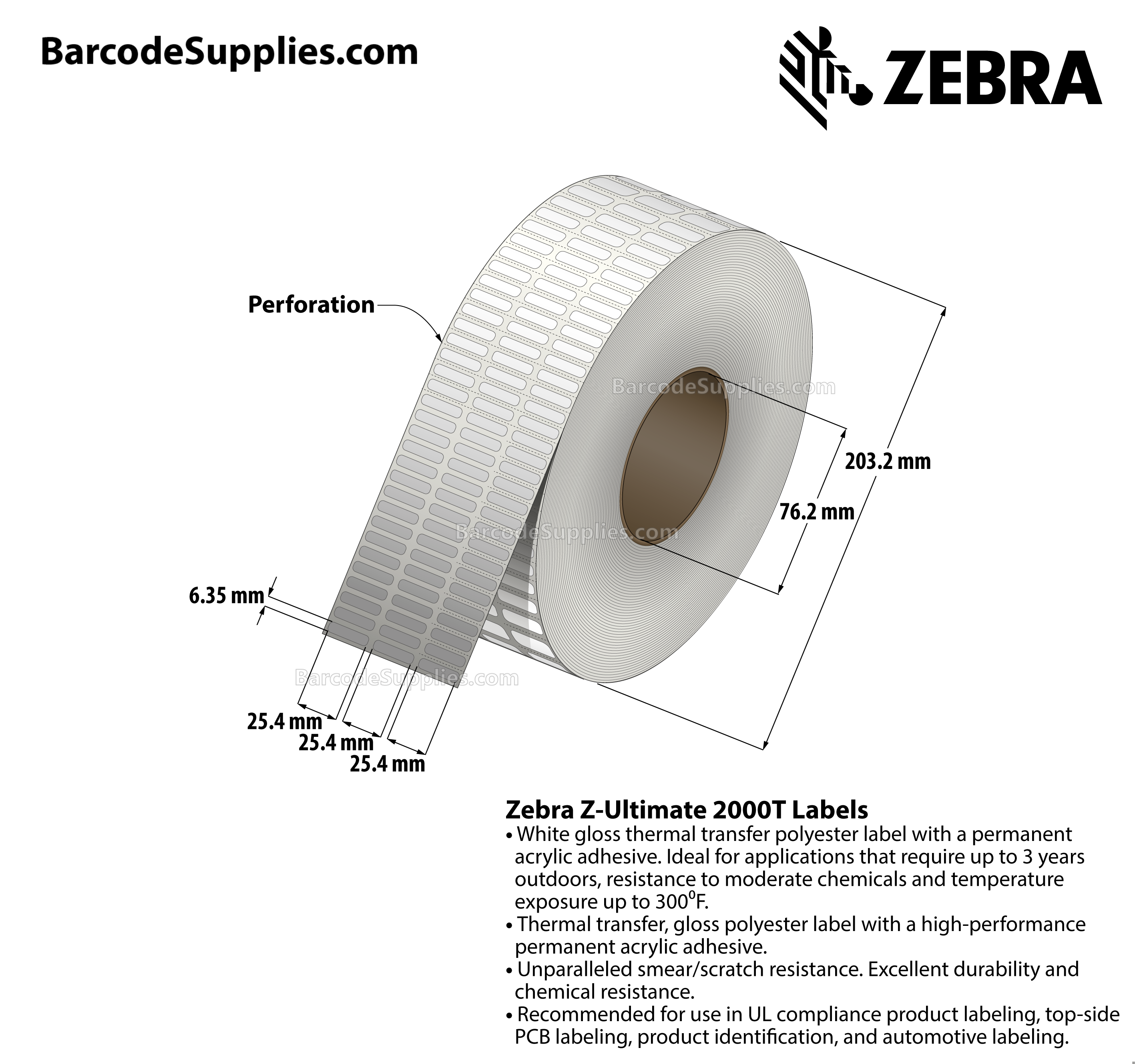 1 x 0.25 Thermal Transfer White Z-Ultimate 2000T (3-Across) Labels With Permanent Adhesive - Perforated - 10002 Labels Per Roll - Carton Of 4 Rolls - 40008 Labels Total - MPN: 10011974