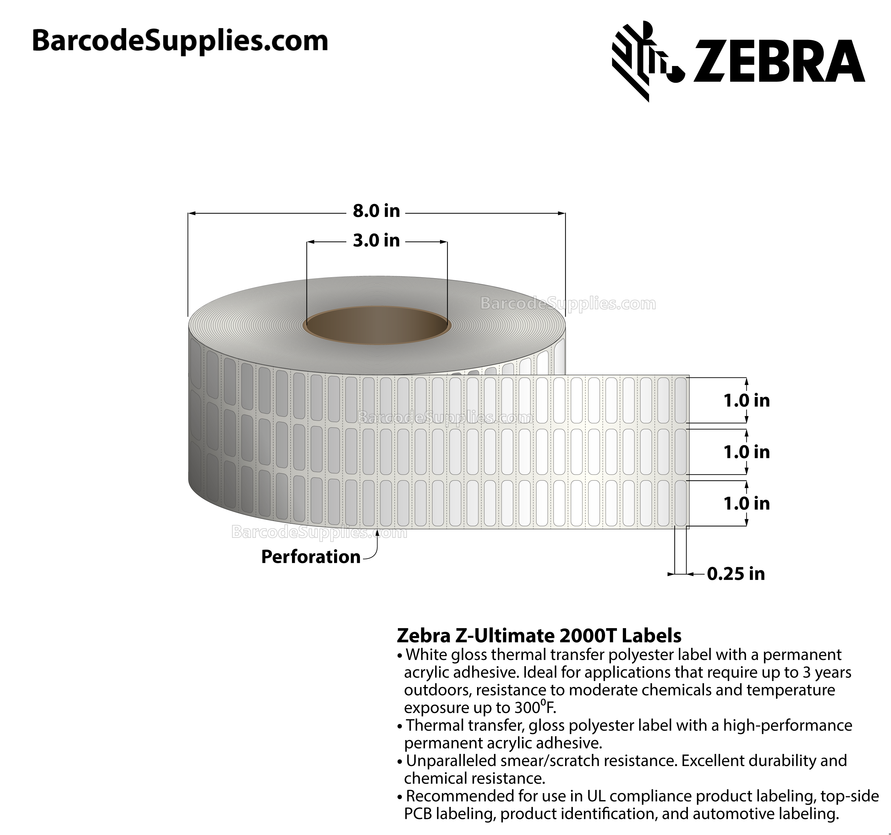 1 x 0.25 Thermal Transfer White Z-Ultimate 2000T (3-Across) Labels With Permanent Adhesive - Perforated - 10002 Labels Per Roll - Carton Of 4 Rolls - 40008 Labels Total - MPN: 10011974