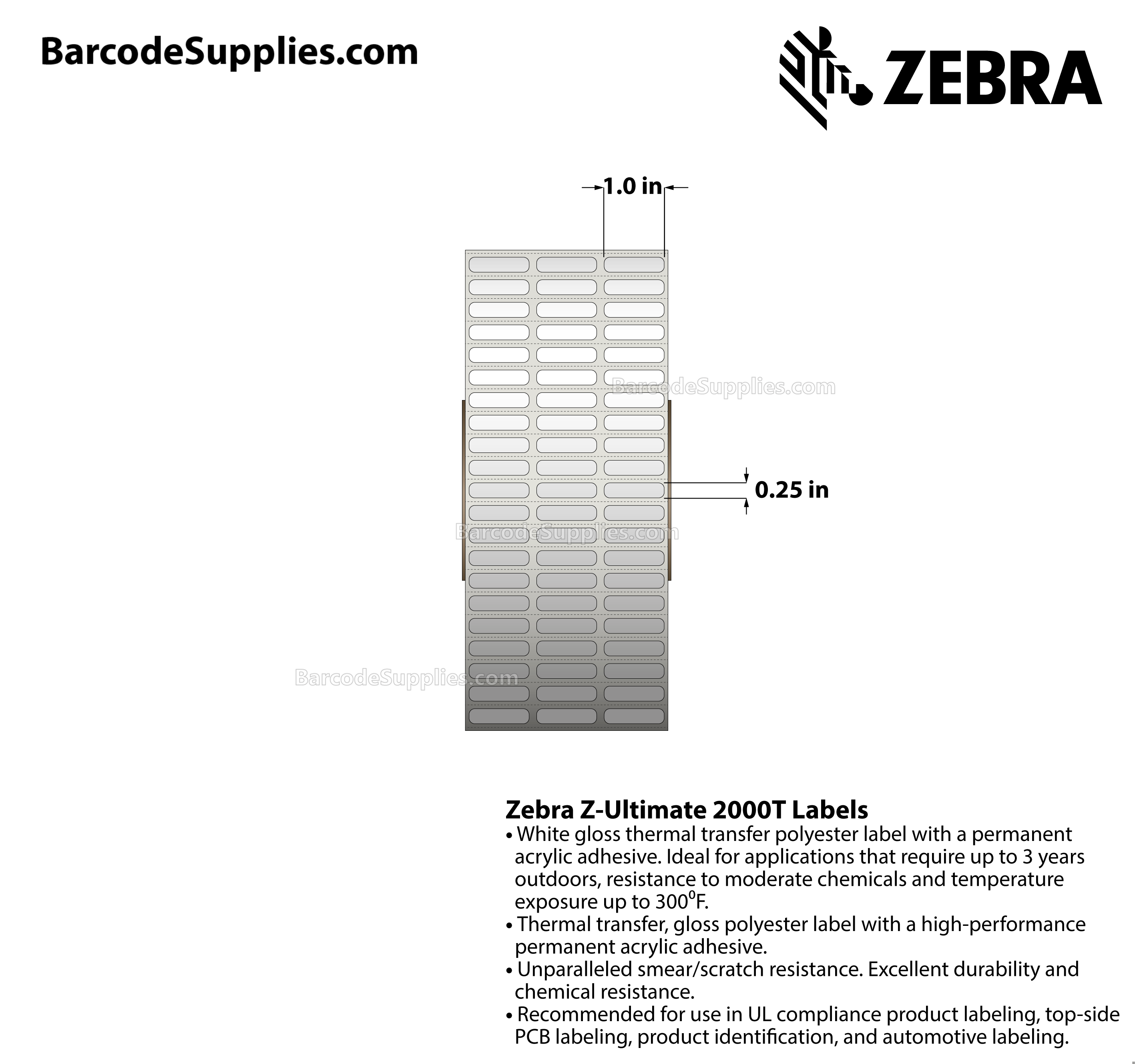 1 x 0.25 Thermal Transfer White Z-Ultimate 2000T (3-Across) Labels With Permanent Adhesive - Perforated - 10002 Labels Per Roll - Carton Of 4 Rolls - 40008 Labels Total - MPN: 10011974