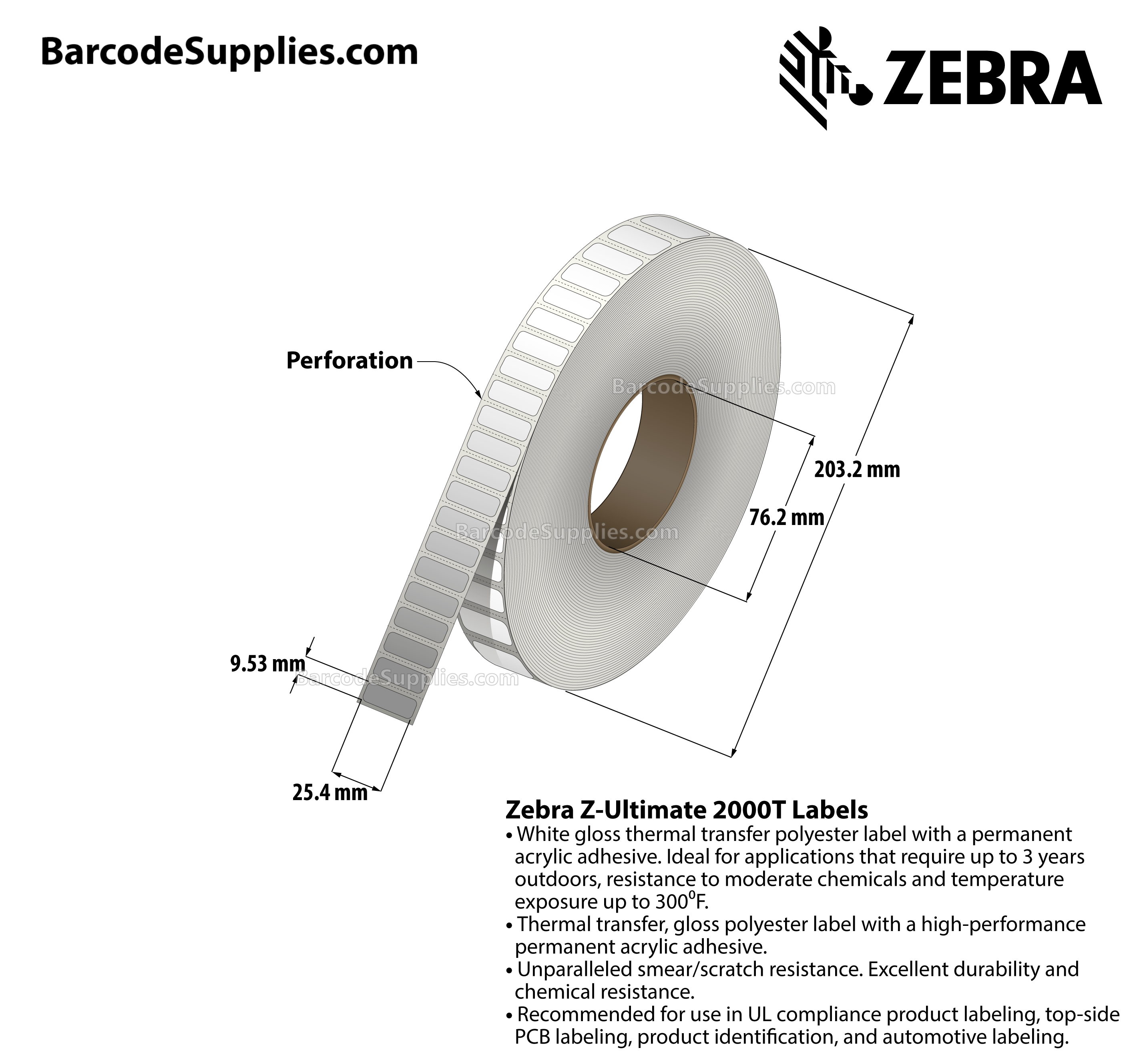 1 x 0.375 Thermal Transfer White Z-Ultimate 2000T Labels With Permanent Adhesive - Perforated - 10000 Labels Per Roll - Carton Of 1 Rolls - 10000 Labels Total - MPN: 10023011
