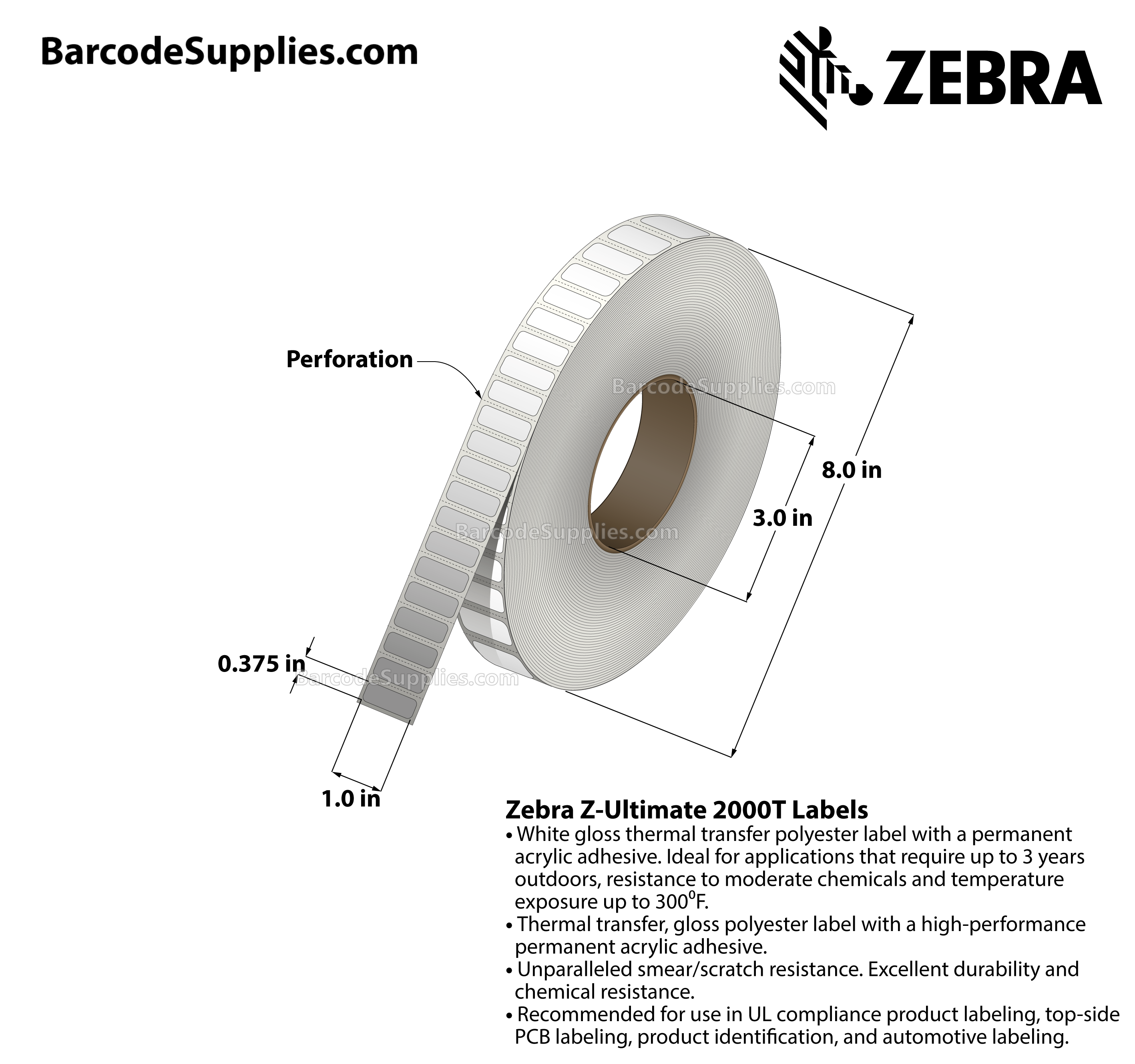 1 x 0.375 Thermal Transfer White Z-Ultimate 2000T Labels With Permanent Adhesive - Perforated - 10000 Labels Per Roll - Carton Of 1 Rolls - 10000 Labels Total - MPN: 10023011
