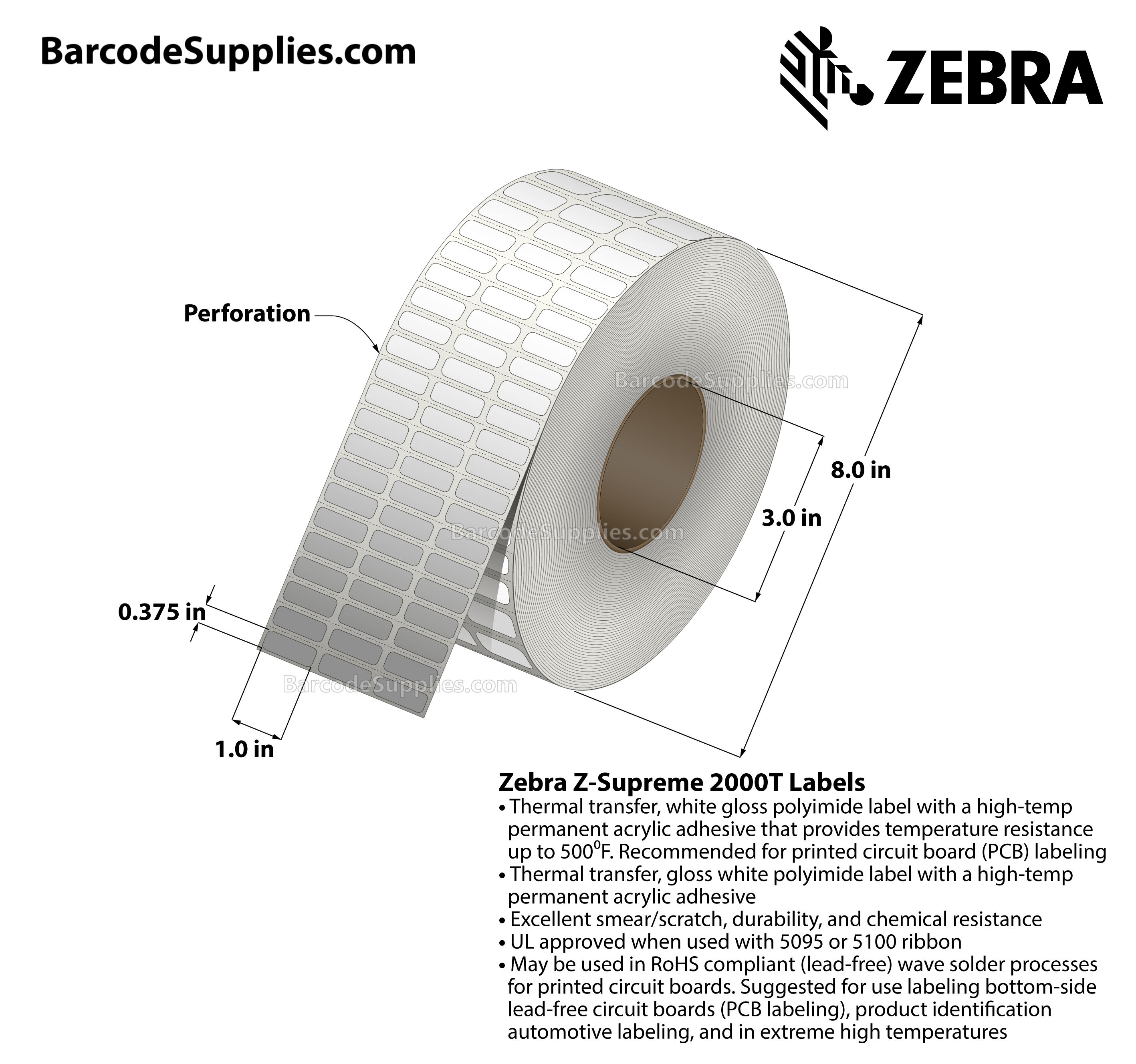 1 x 0.375 Thermal Transfer White Z-Supreme 2000T (3-Across) Labels With High-temp Adhesive - Perforated - 10002 Labels Per Roll - Carton Of 1 Rolls - 10002 Labels Total - MPN: 10023199