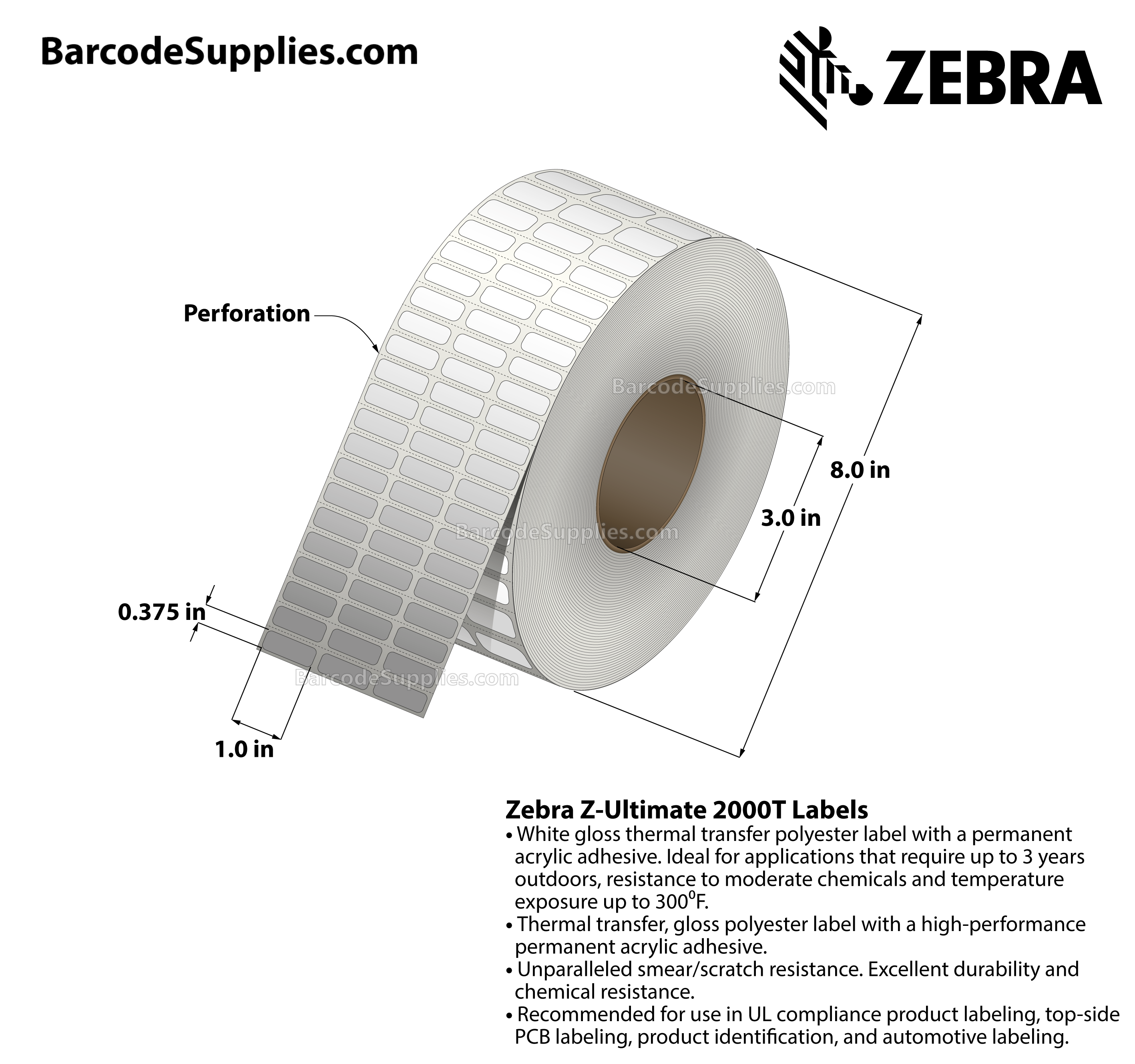 Products 1 x 0.375 Thermal Transfer White Z-Ultimate 2000T (3-Across) Labels With Permanent Adhesive - Perforated - 10002 Labels Per Roll - Carton Of 4 Rolls - 40008 Labels Total - MPN: 10011976