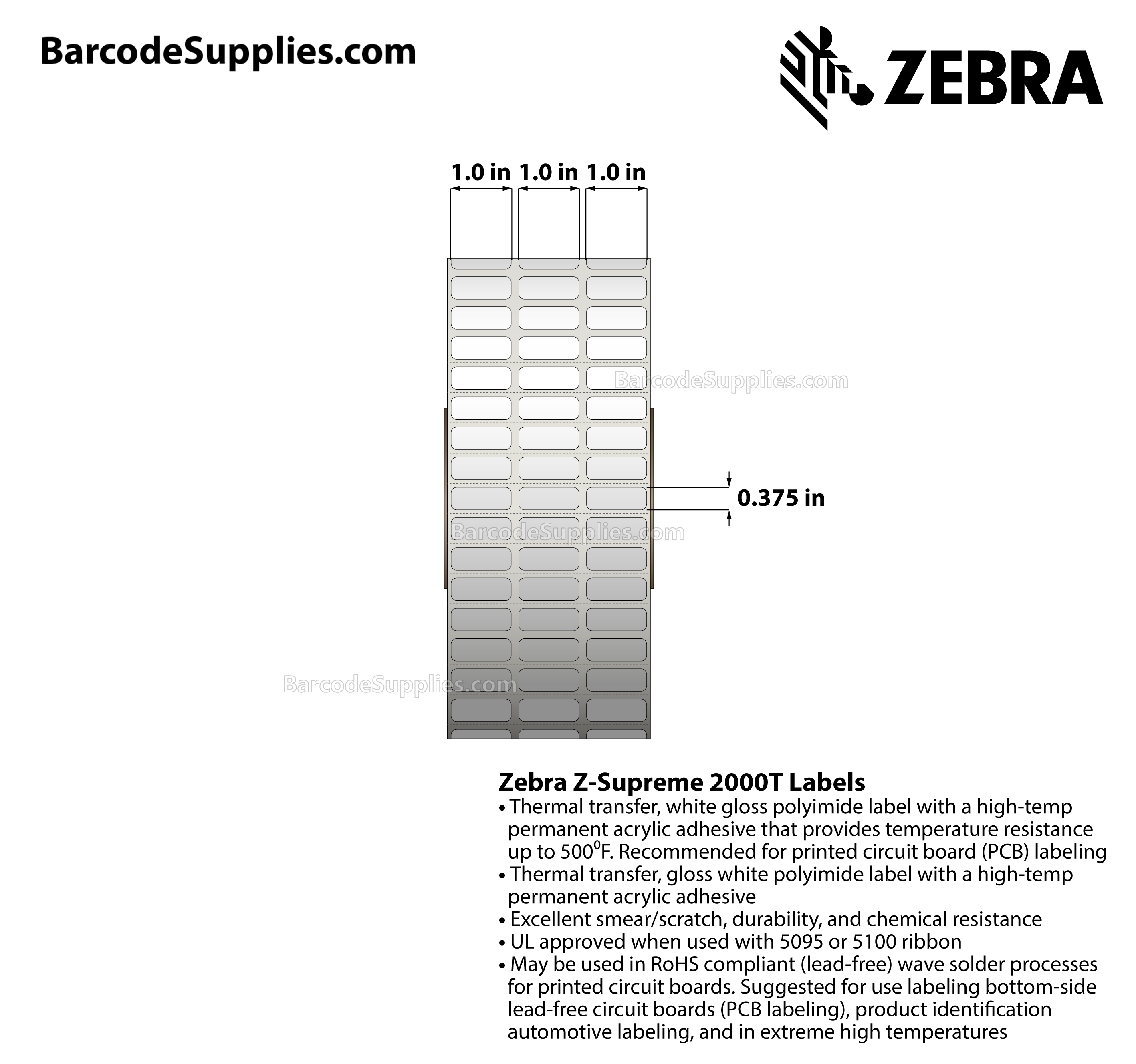 1 x 0.375 Thermal Transfer White Z-Supreme 2000T (3-Across) Labels With High-temp Adhesive - Perforated - 10002 Labels Per Roll - Carton Of 1 Rolls - 10002 Labels Total - MPN: 10023199