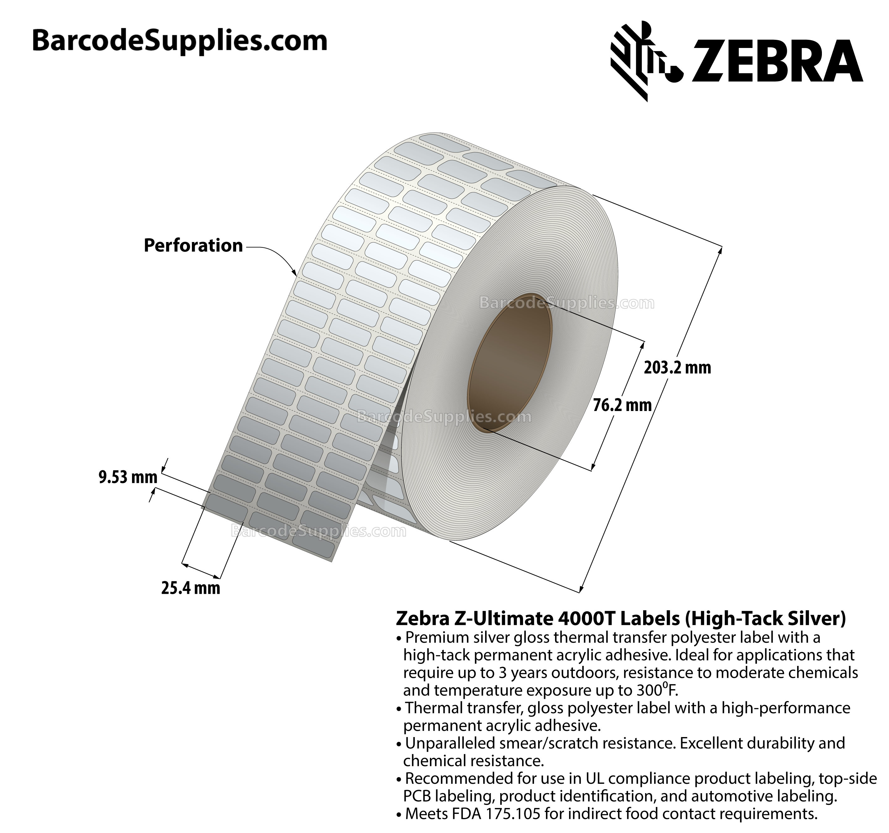 1 x 0.375 Thermal Transfer Silver Z-Ultimate 4000T High-Tack Silver (3-Across) Labels With High-tack Adhesive - Perforated - 10002 Labels Per Roll - Carton Of 1 Rolls - 10002 Labels Total - MPN: 10021222