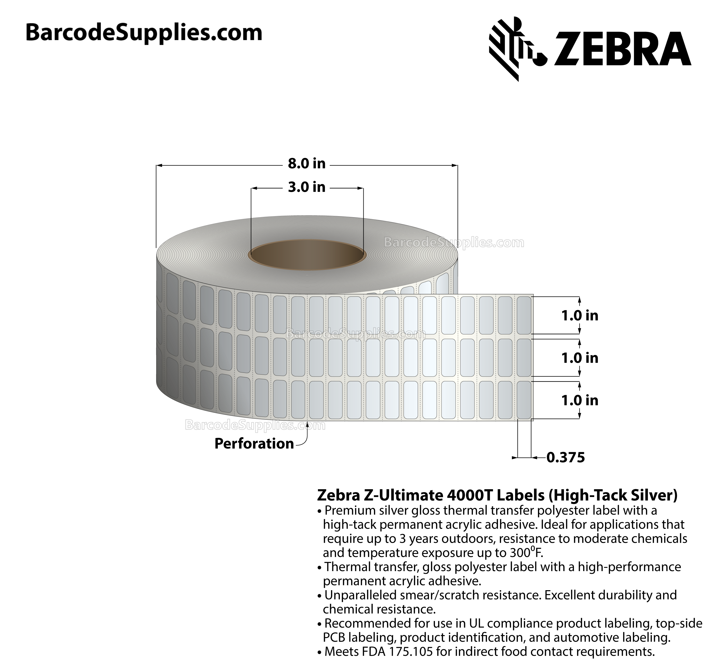 1 x 0.375 Thermal Transfer Silver Z-Ultimate 4000T High-Tack Silver (3-Across) Labels With High-tack Adhesive - Perforated - 10002 Labels Per Roll - Carton Of 1 Rolls - 10002 Labels Total - MPN: 10021222
