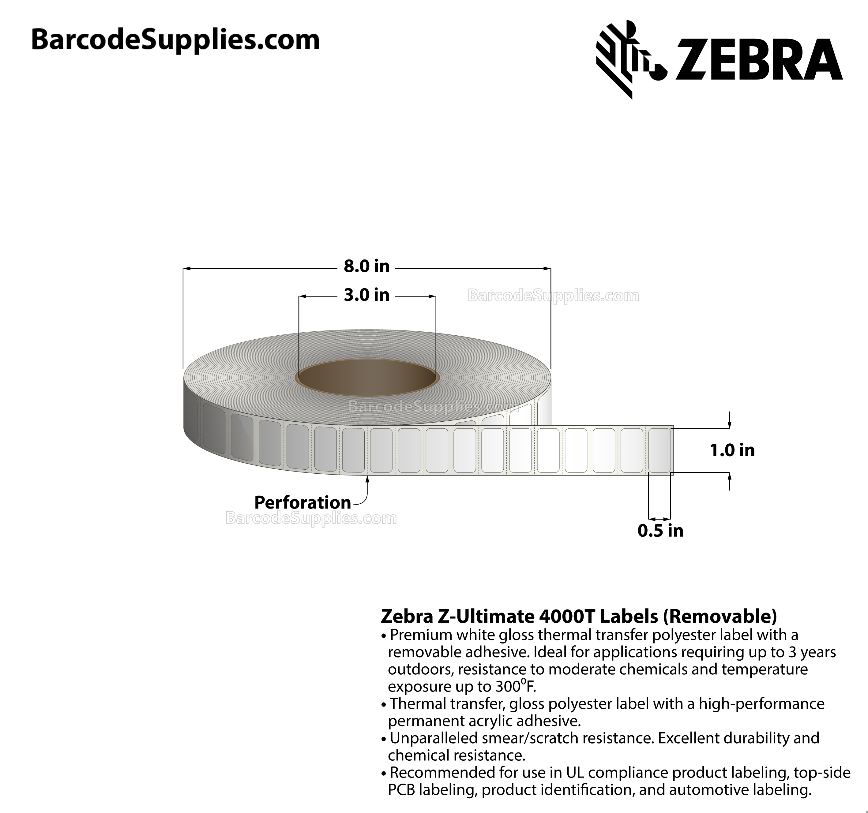 1 x 0.5 Thermal Transfer White Z-Ultimate 4000T Removable Labels With Removable Adhesive - Perforated - 10000 Labels Per Roll - Carton Of 1 Rolls - 10000 Labels Total - MPN: 10023362