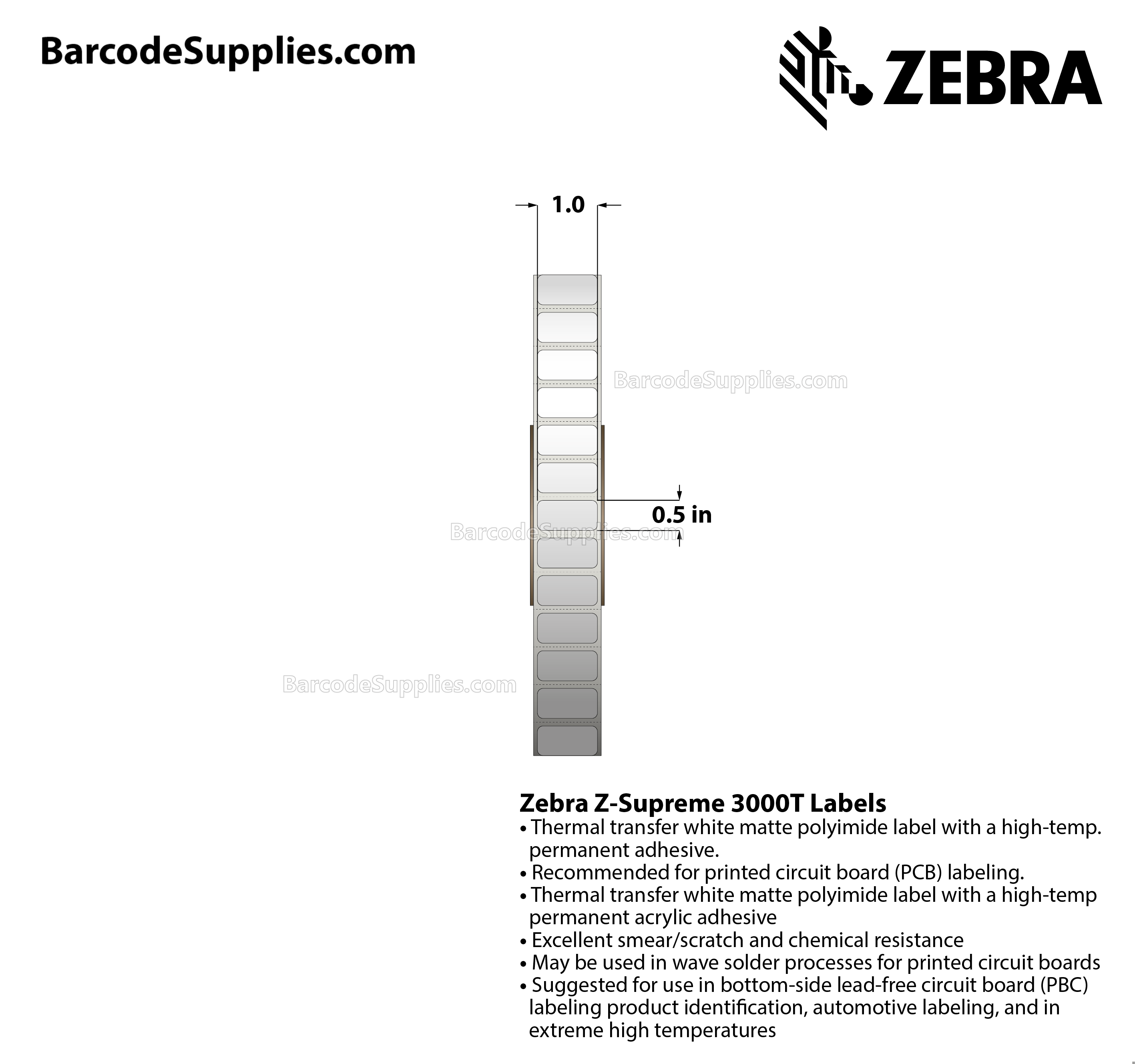 1 x 0.5 Thermal Transfer White Z-Supreme 3000T Labels With High-temp Adhesive - Perforated - 9300 Labels Per Roll - Carton Of 1 Rolls - 9300 Labels Total - MPN: 10023305