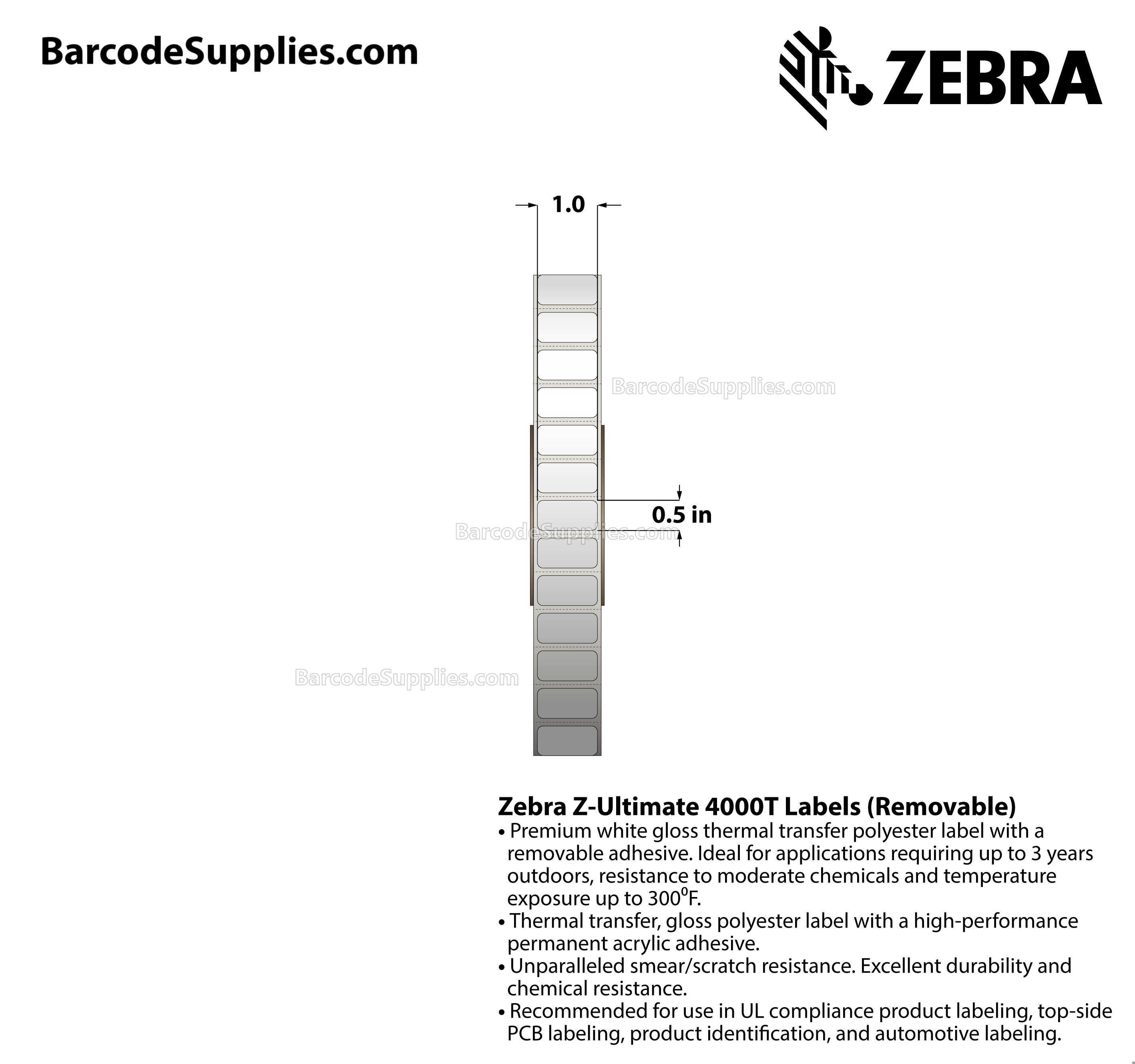 1 x 0.5 Thermal Transfer White Z-Ultimate 4000T Removable Labels With Removable Adhesive - Perforated - 10000 Labels Per Roll - Carton Of 1 Rolls - 10000 Labels Total - MPN: 10023362