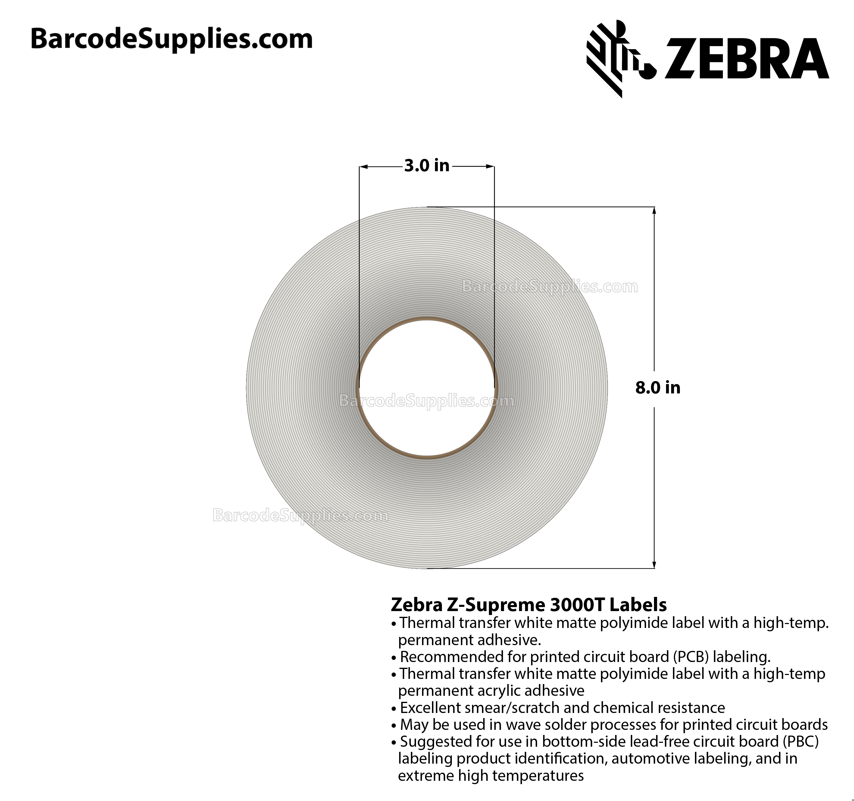 1 x 0.5 Thermal Transfer White Z-Supreme 3000T Labels With High-temp Adhesive - Perforated - 9300 Labels Per Roll - Carton Of 1 Rolls - 9300 Labels Total - MPN: 10023305