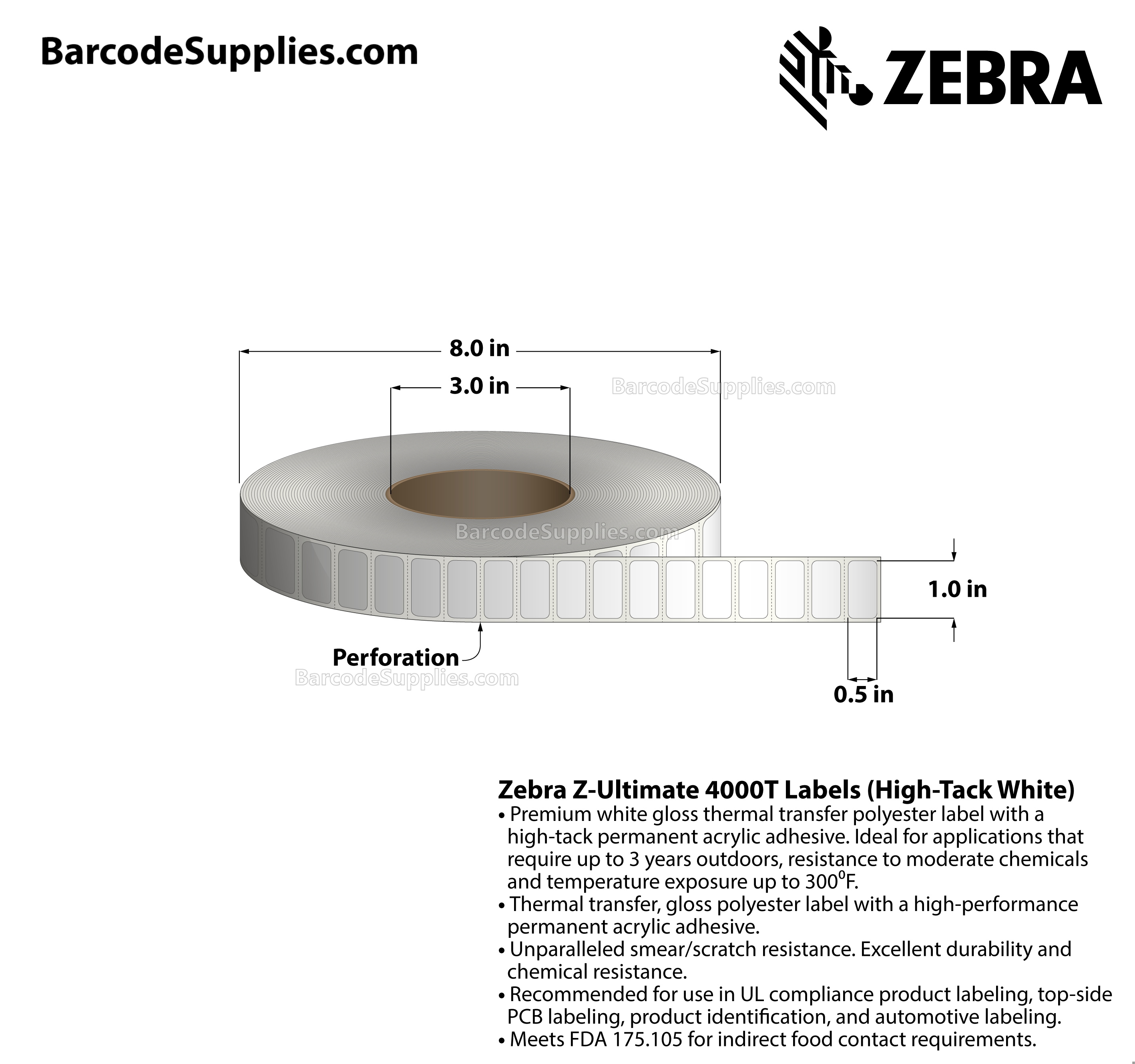 1 x 0.5 Thermal Transfer White Z-Ultimate 4000T High-Tack White Labels With High-tack Adhesive - Perforated - 7770 Labels Per Roll - Carton Of 1 Rolls - 7770 Labels Total - MPN: 10023050