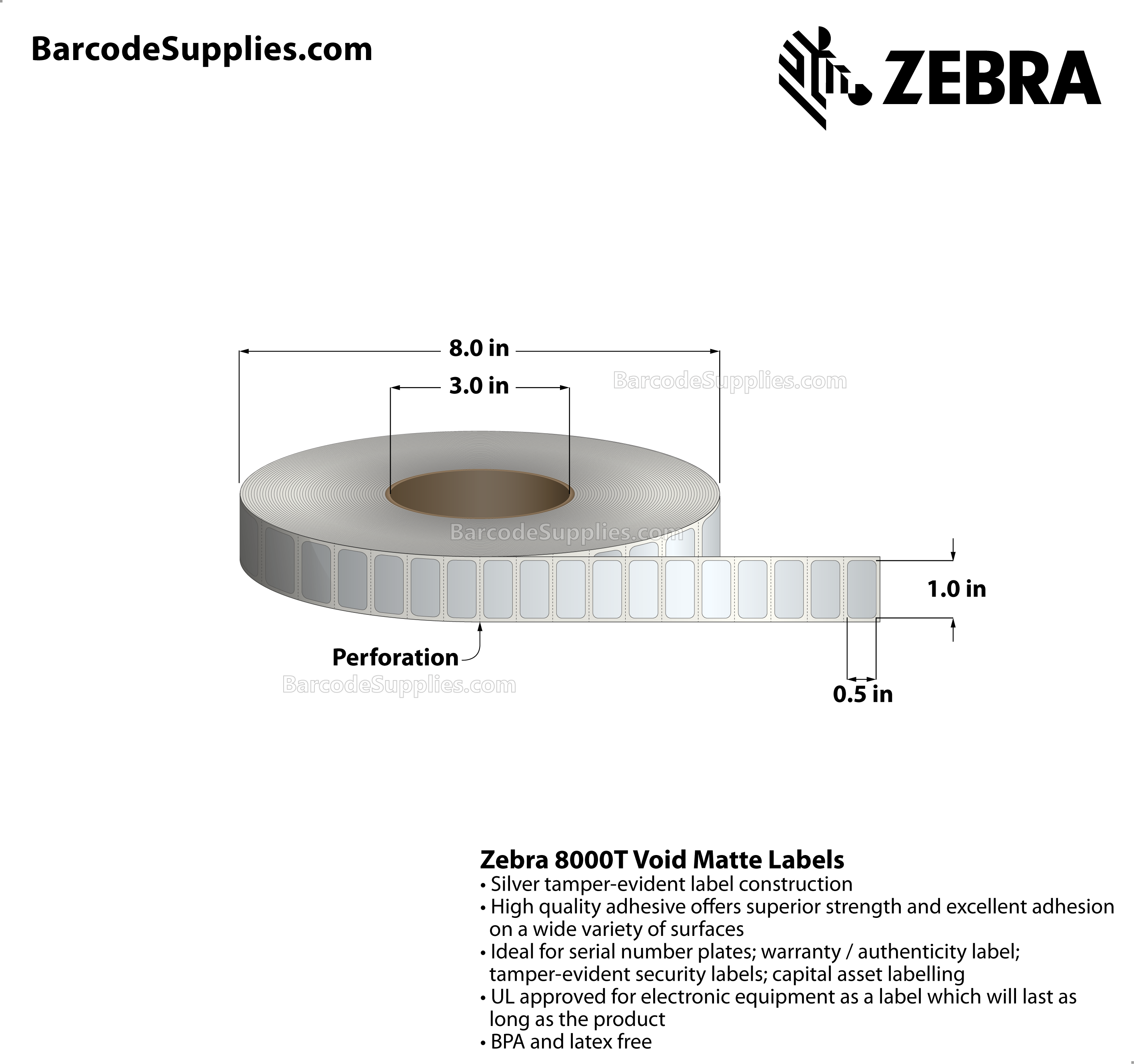 1 x 0.5 Thermal Transfer Silver 8000T Void Matte Silver Labels With Tamper-evident Adhesive - Perforated - 9000 Labels Per Roll - Carton Of 1 Rolls - 9000 Labels Total - MPN: 10022916