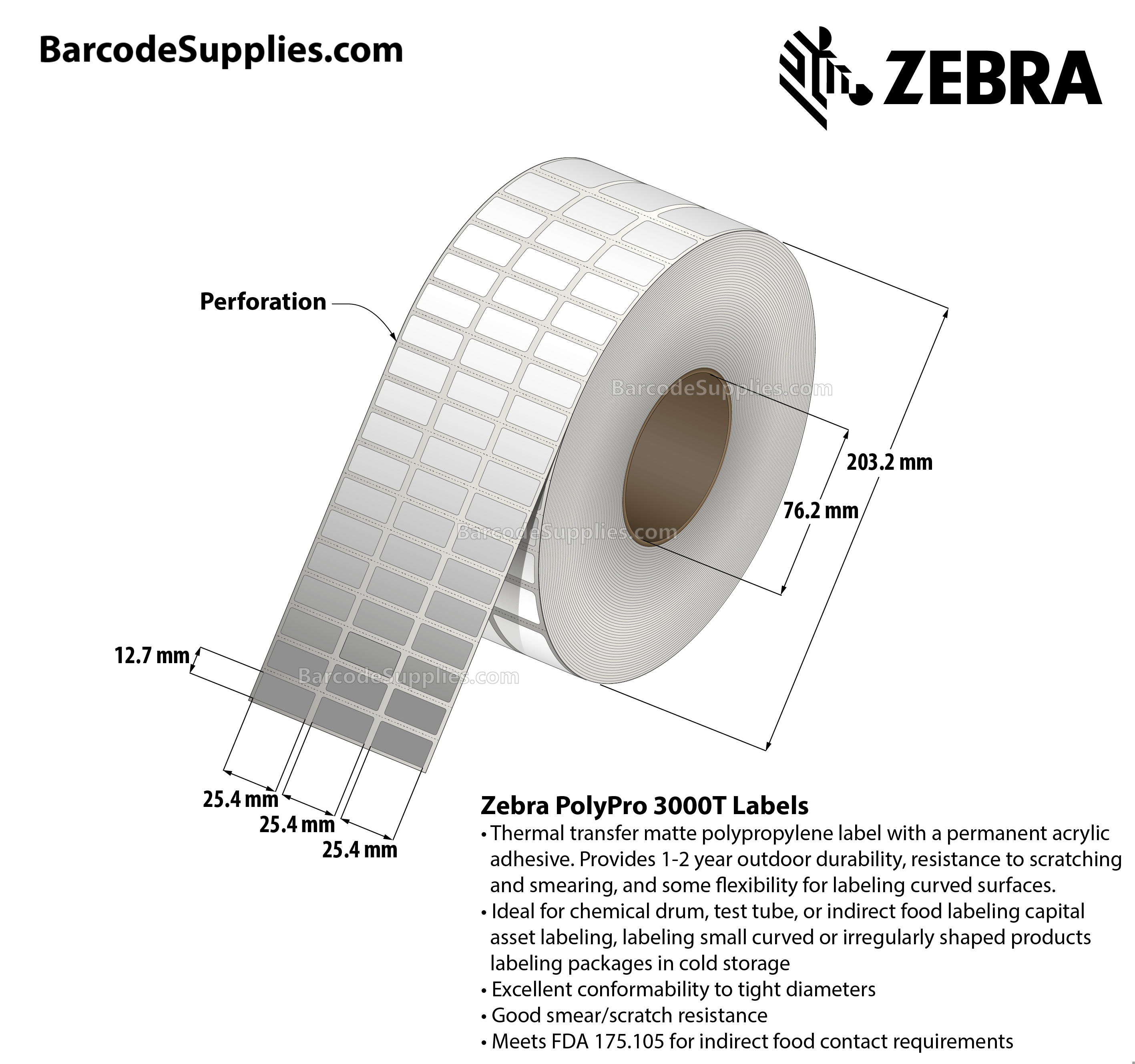 1 x 0.5 Thermal Transfer White PolyPro 3000T (3-Across) Labels With Permanent Adhesive - Perforated - 10002 Labels Per Roll - Carton Of 4 Rolls - 40008 Labels Total - MPN: 10011987