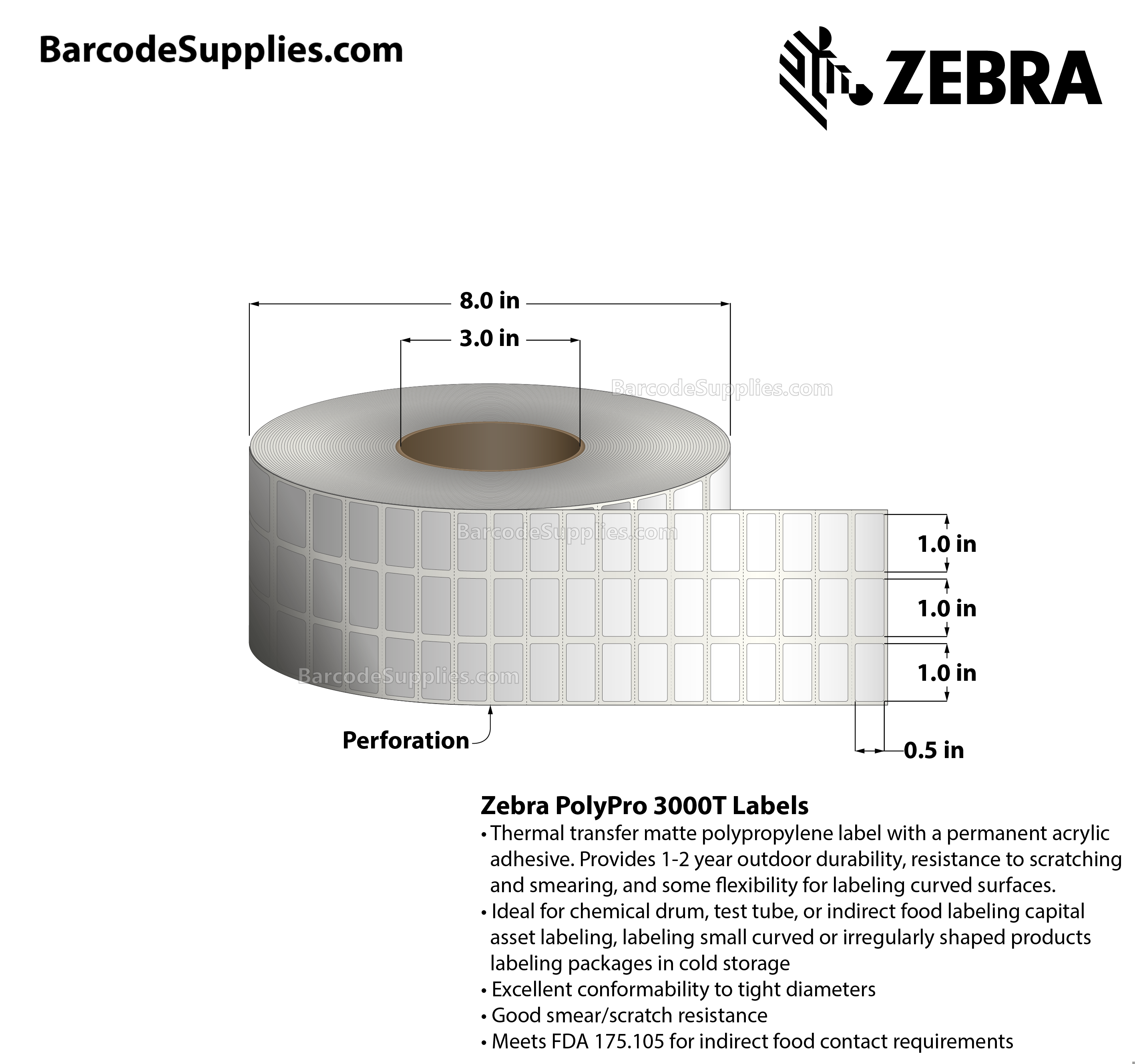 1 x 0.5 Thermal Transfer White PolyPro 3000T (3-Across) Labels With Permanent Adhesive - Perforated - 10002 Labels Per Roll - Carton Of 4 Rolls - 40008 Labels Total - MPN: 10011987